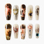 Set of ten decorative false nails featuring anime-style male portraits, floral designs, and 3D embellishments