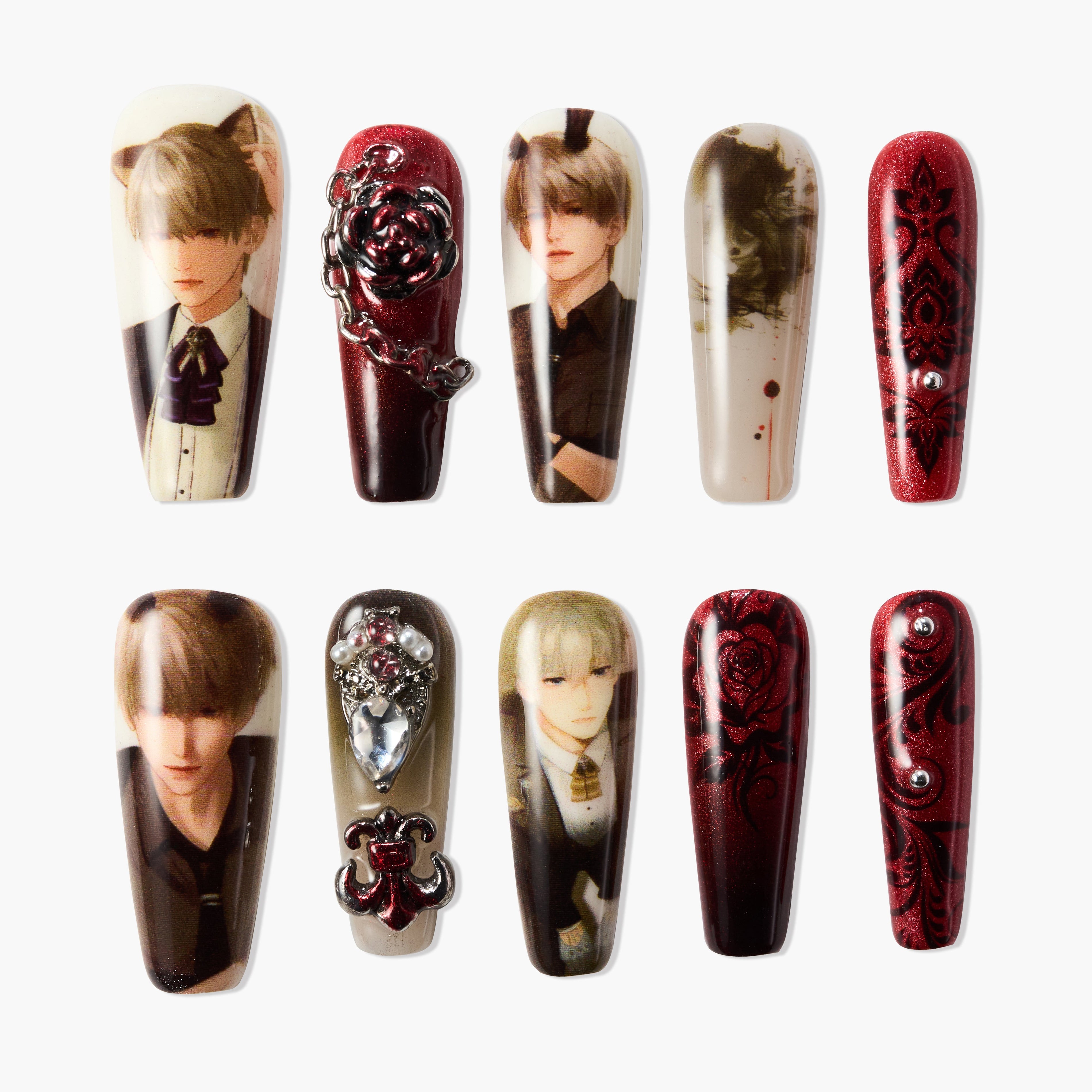 Set of 10 decorative press-on nails featuring anime-style male characters and red black gothic designs with gems