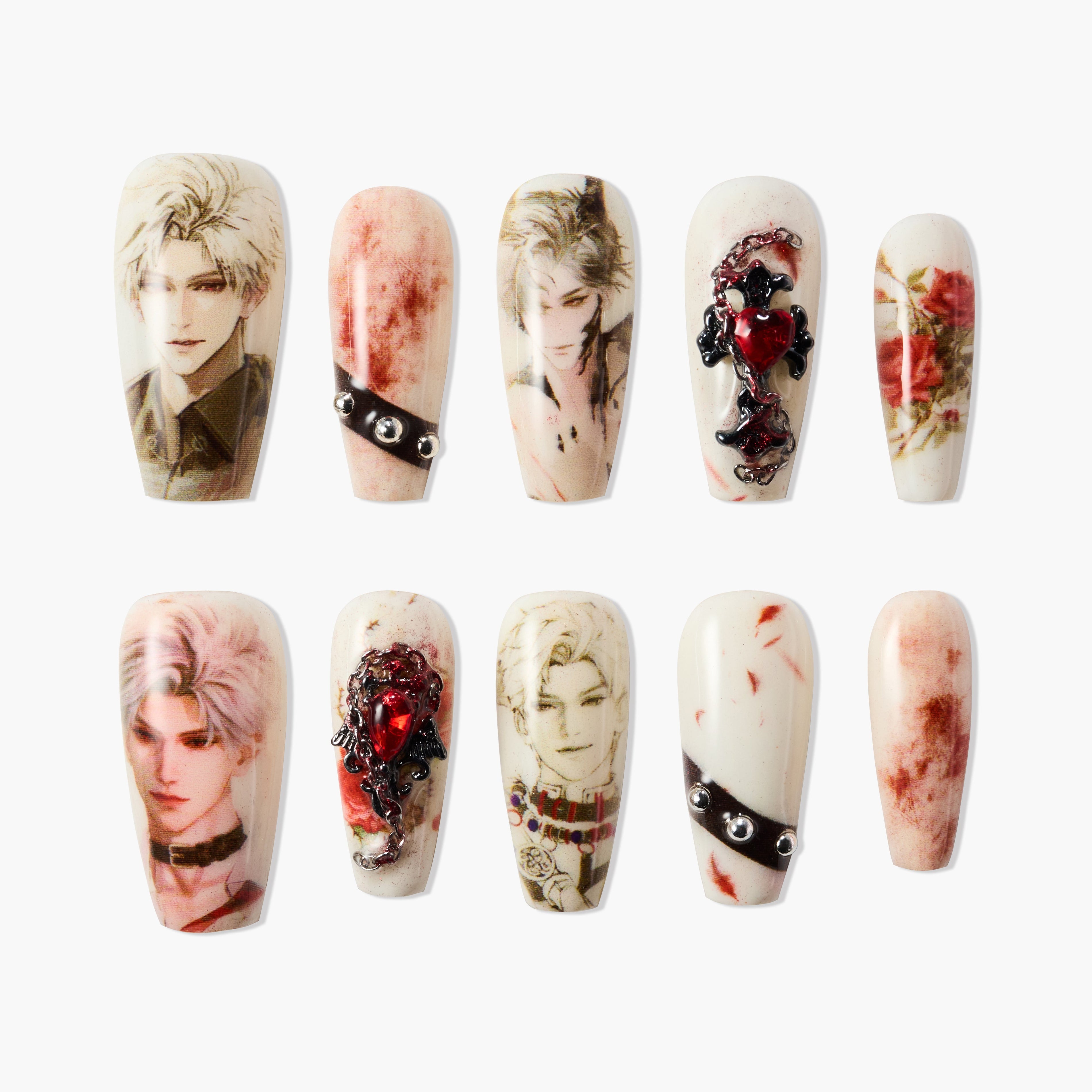 Set of 10 artistic anime character and gothic style printed false nails with red and black embellished details