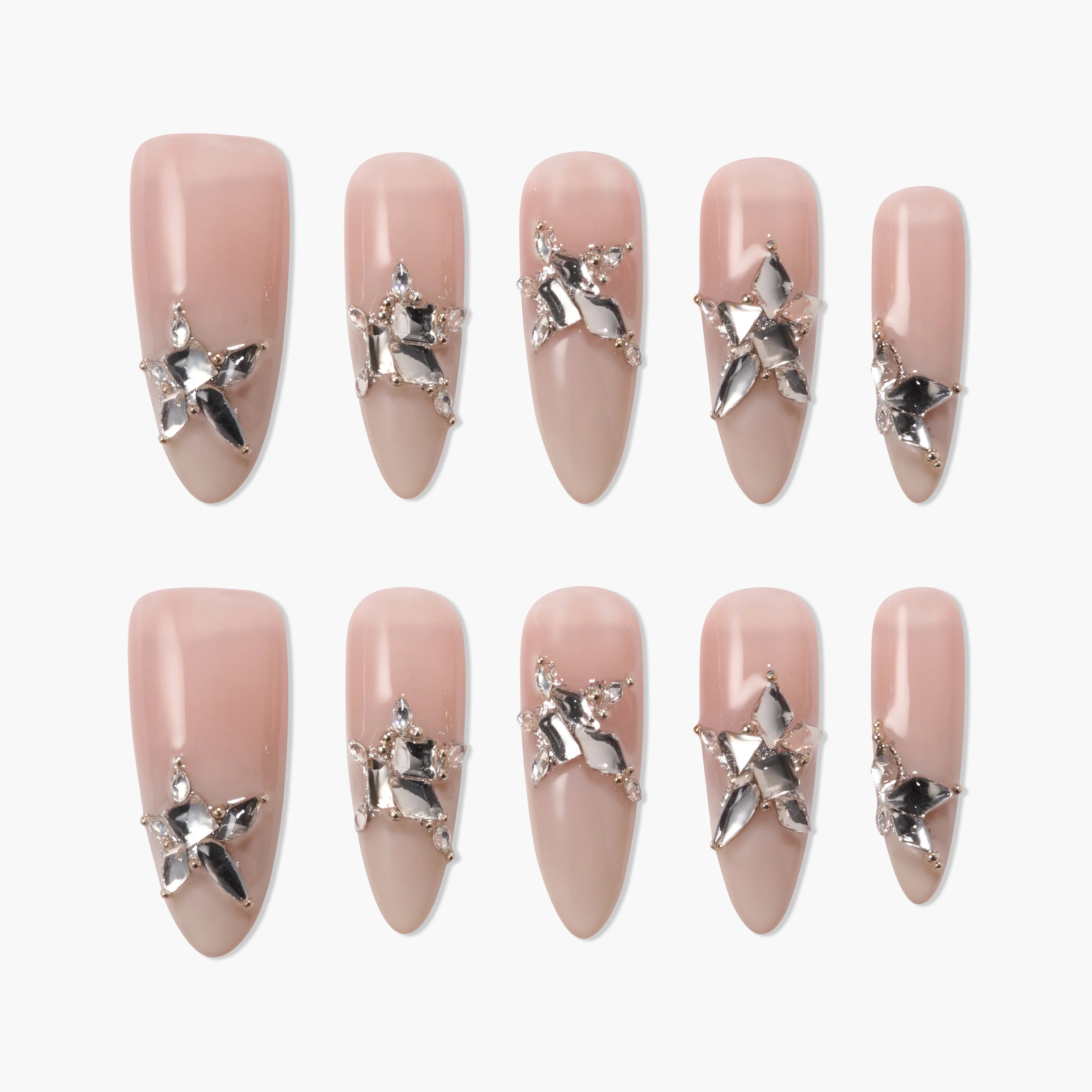 Handmade nude press-on nails with silver star rhinestone accents, salon quality, reusable