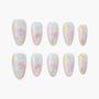 Handmade press-on nails with pastel watercolor design and white floral accents