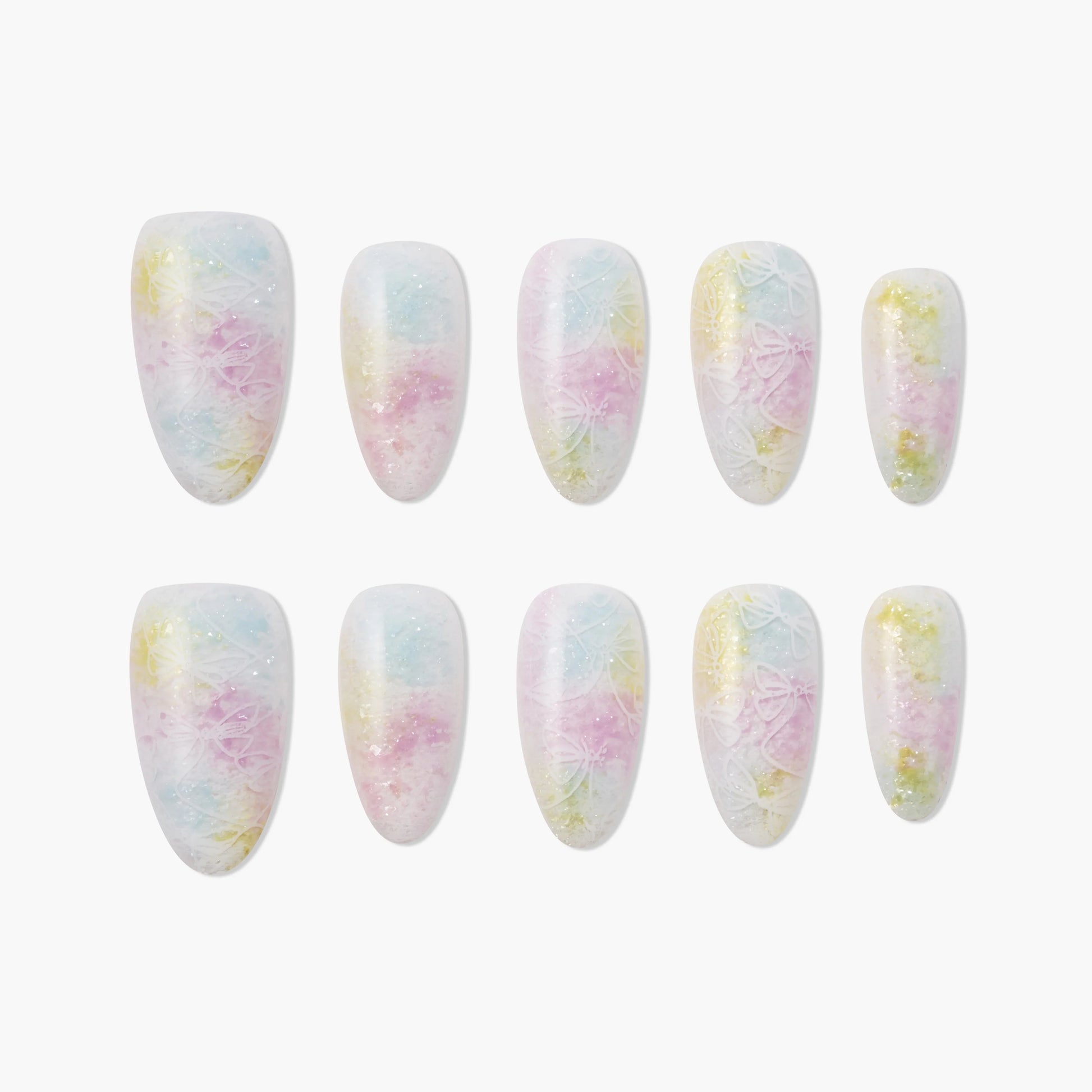 Handmade press-on nails with pastel watercolor design and white floral accents