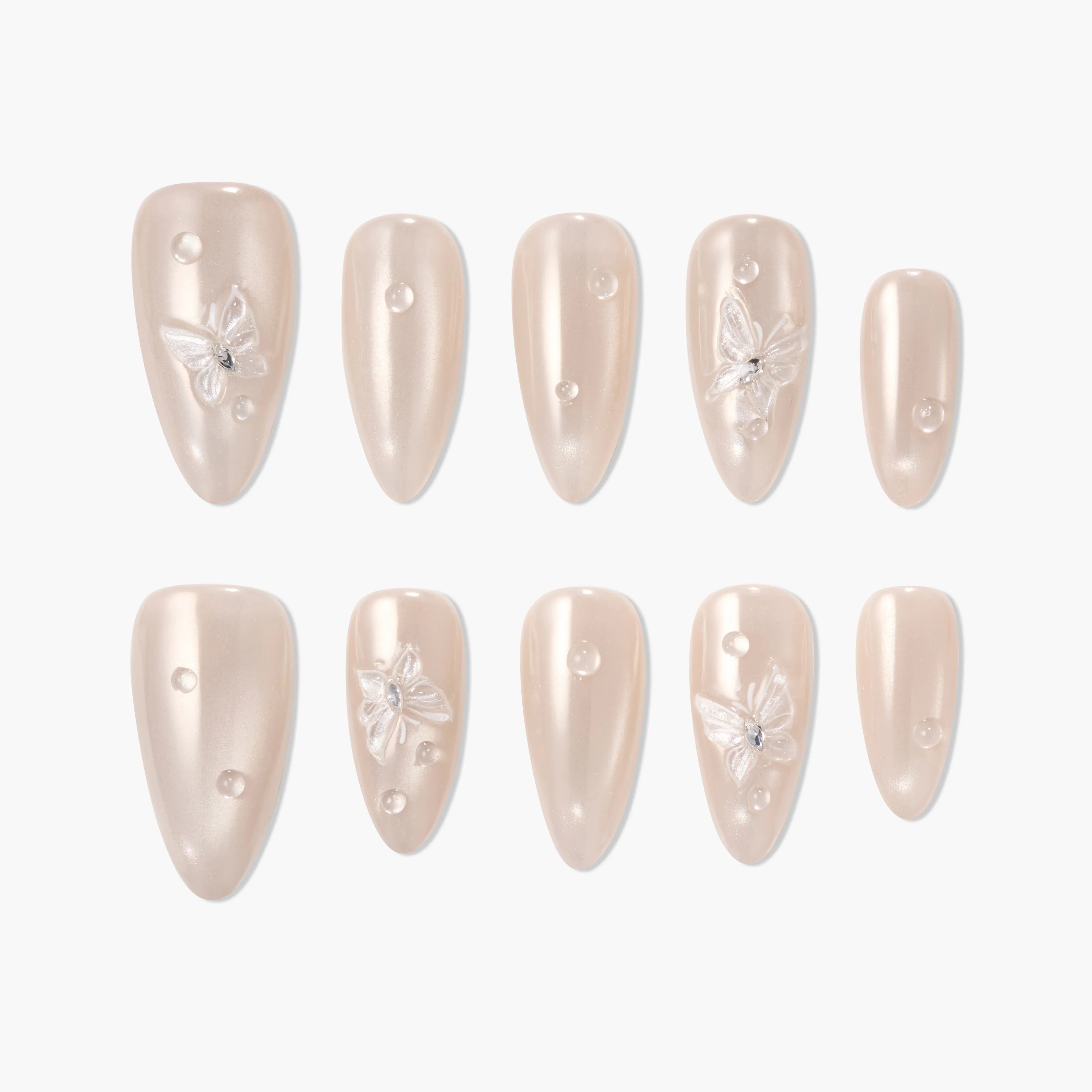 Pearl white press-on nails with 3D butterfly and gem accents, elegant manicure set