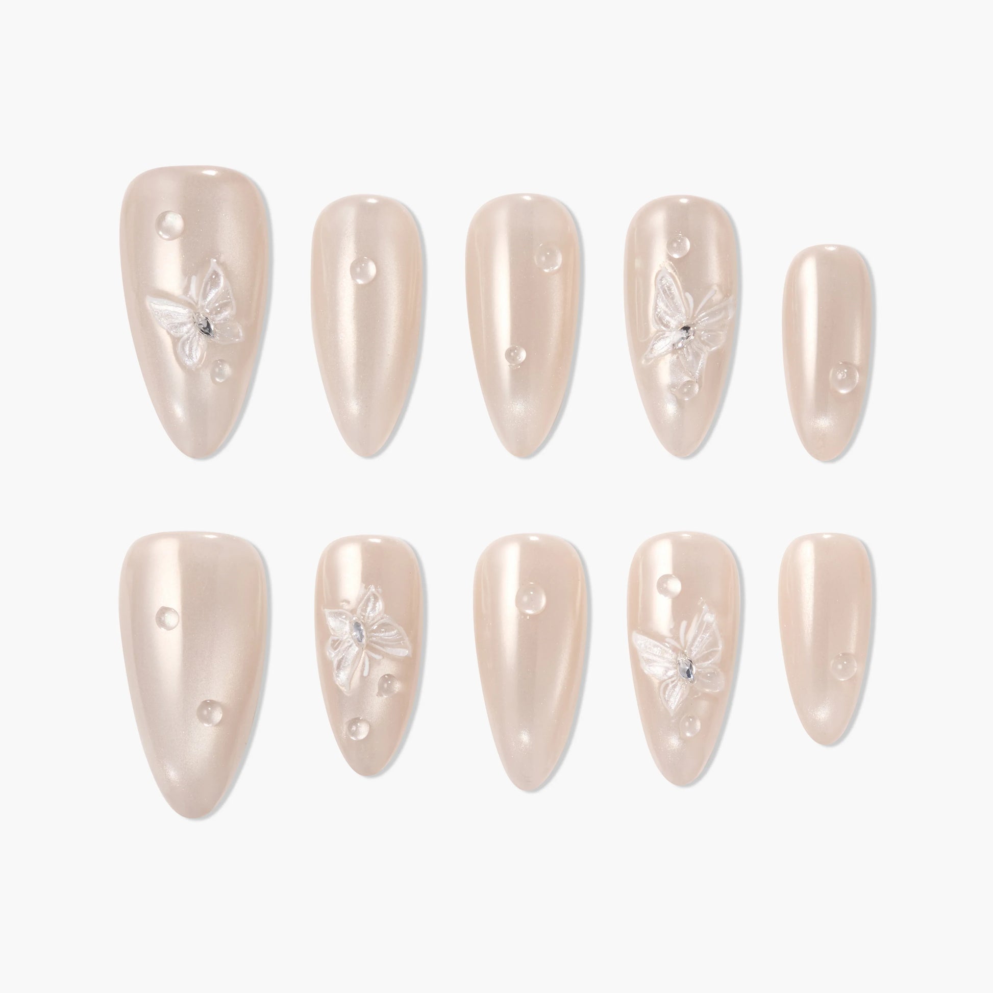 Pearl white press-on nails with 3D butterfly and gem accents, elegant manicure set