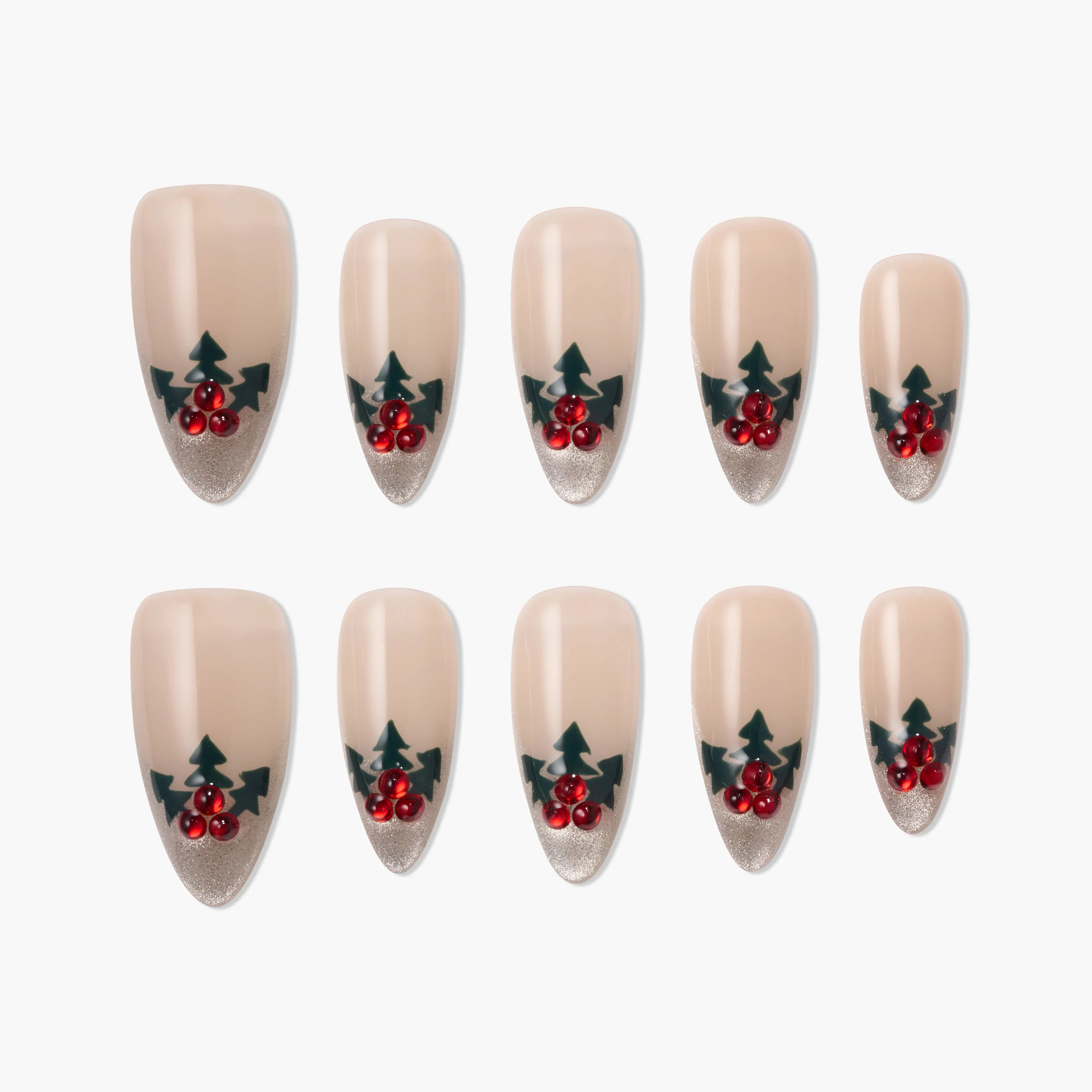 Christmas tree and holly berry handmade press-on nails, nude base with glitter tips