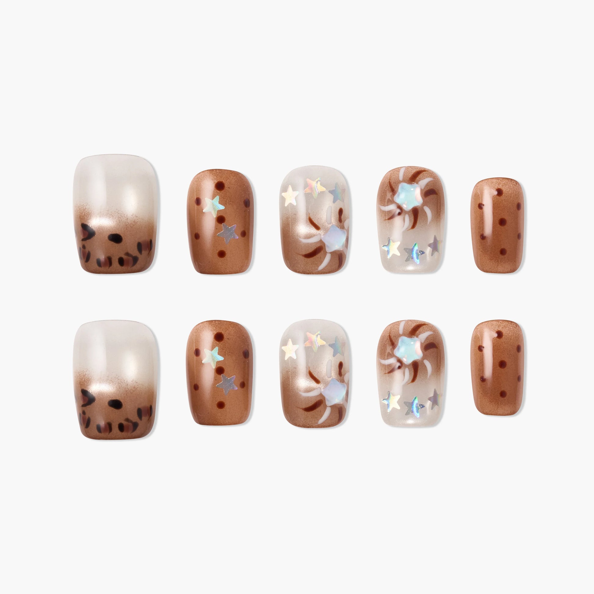 Brown gradient press-on nails with star and dot designs, handmade, glossy finish