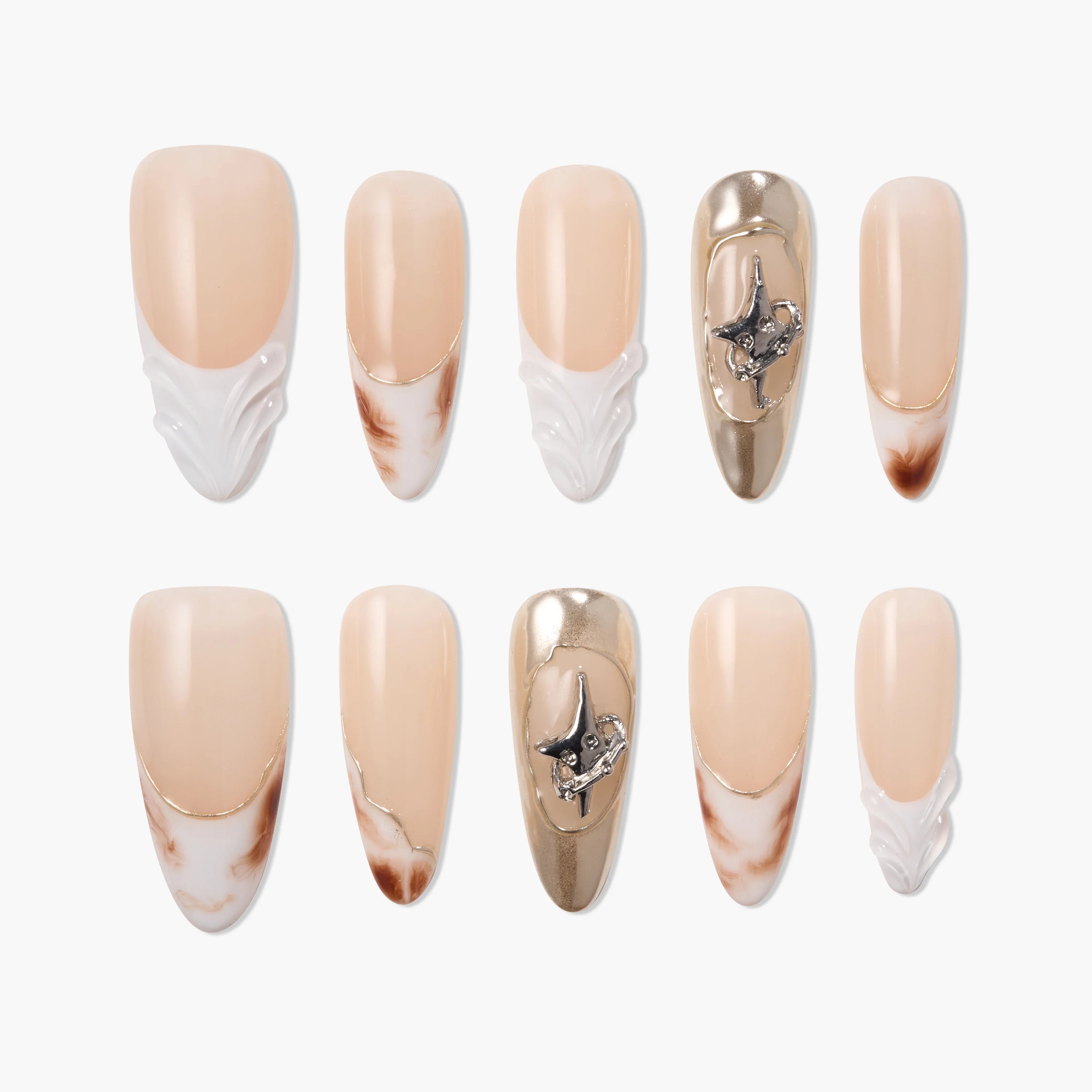 Handmade press-on nails in nude, white, gold, and marble designs with 3D accents