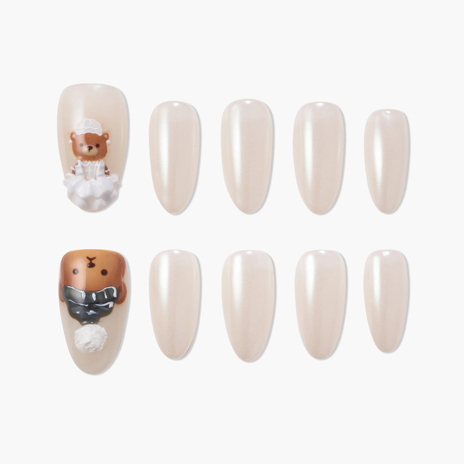 Handmade press-on nails with pearl finish, featuring cute 3D bear designs in maid outfits.