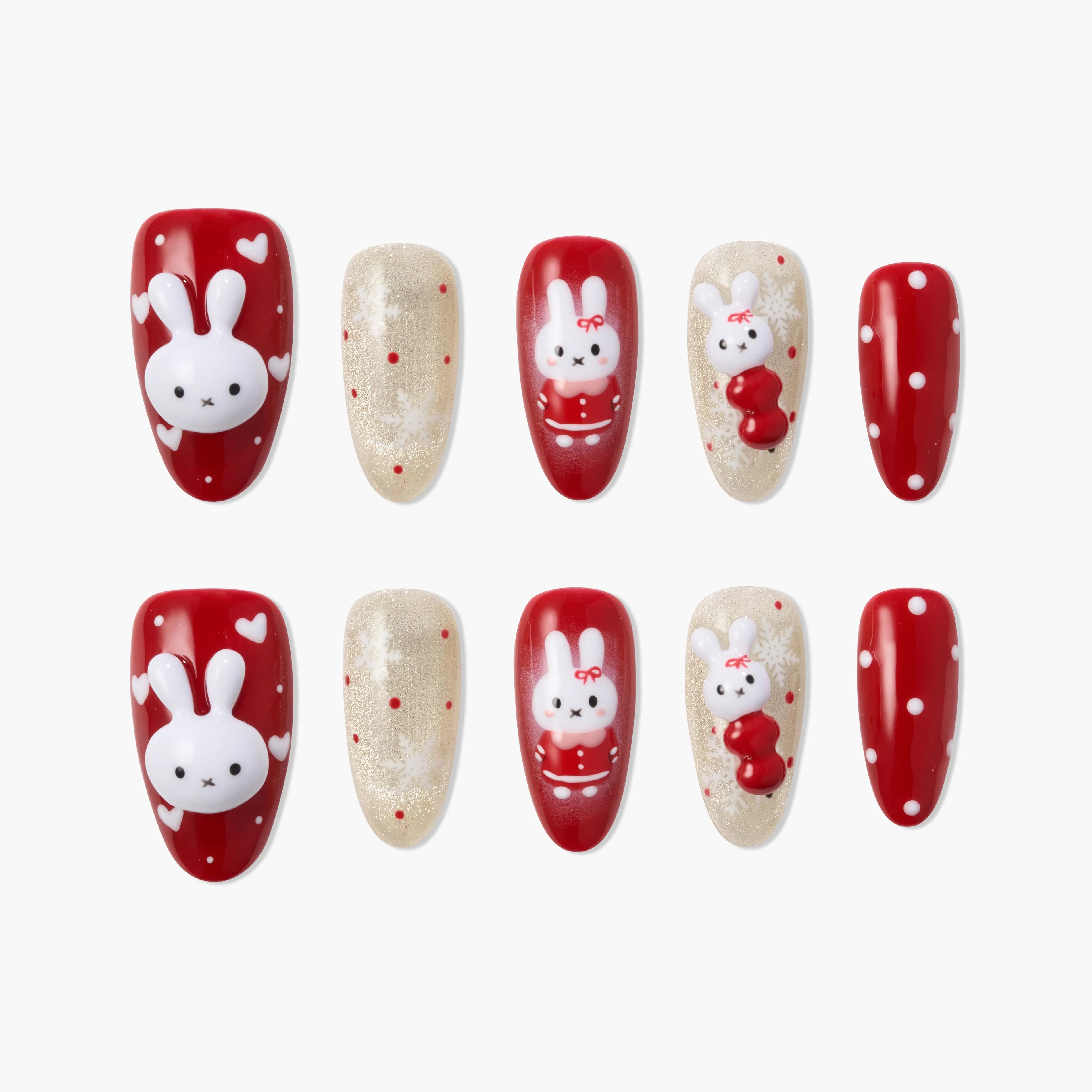Handmade press-on nails with red, gold, and white bunny and heart designs