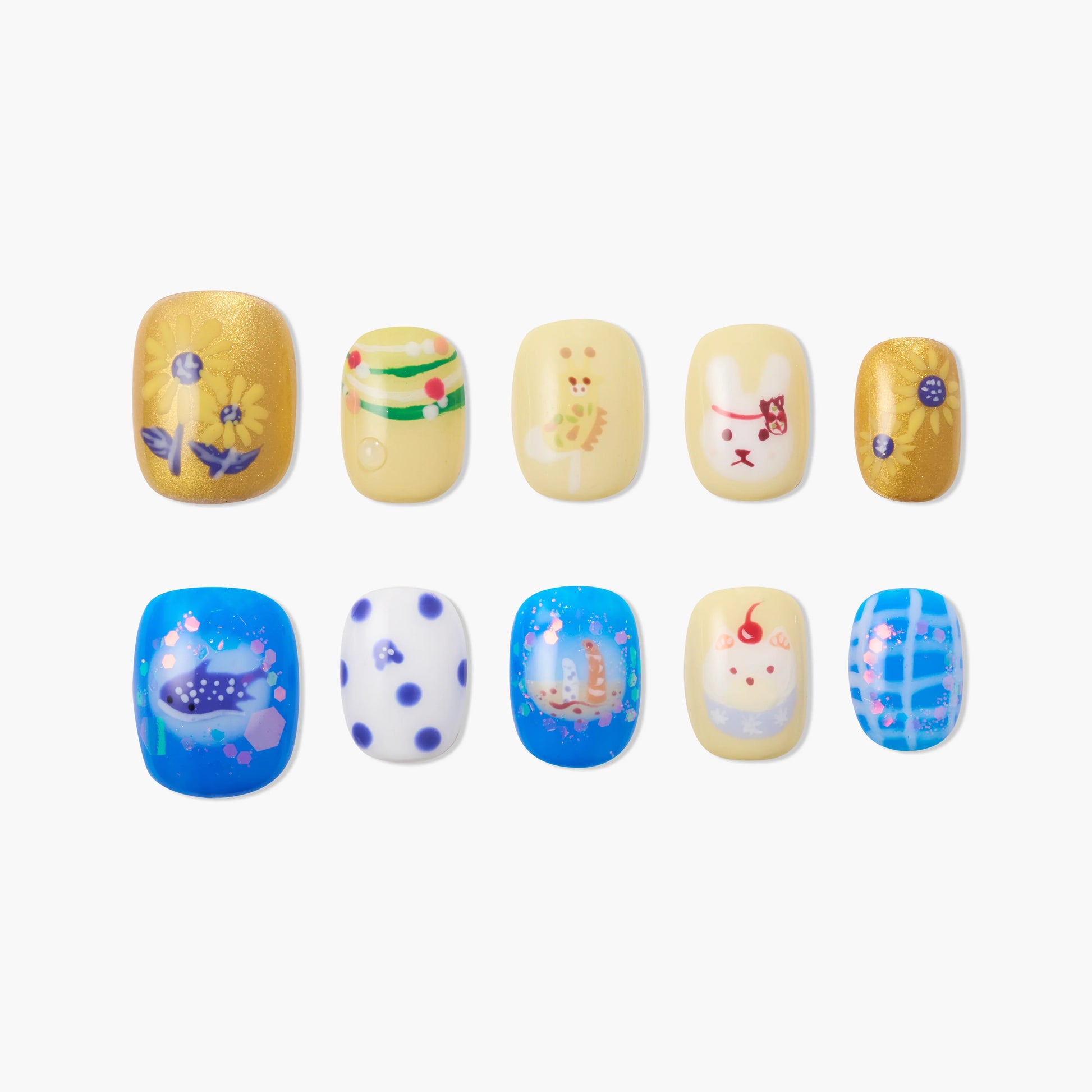 Handmade press-on nails with cute animal, flower, and polka dot designs in yellow and blue.