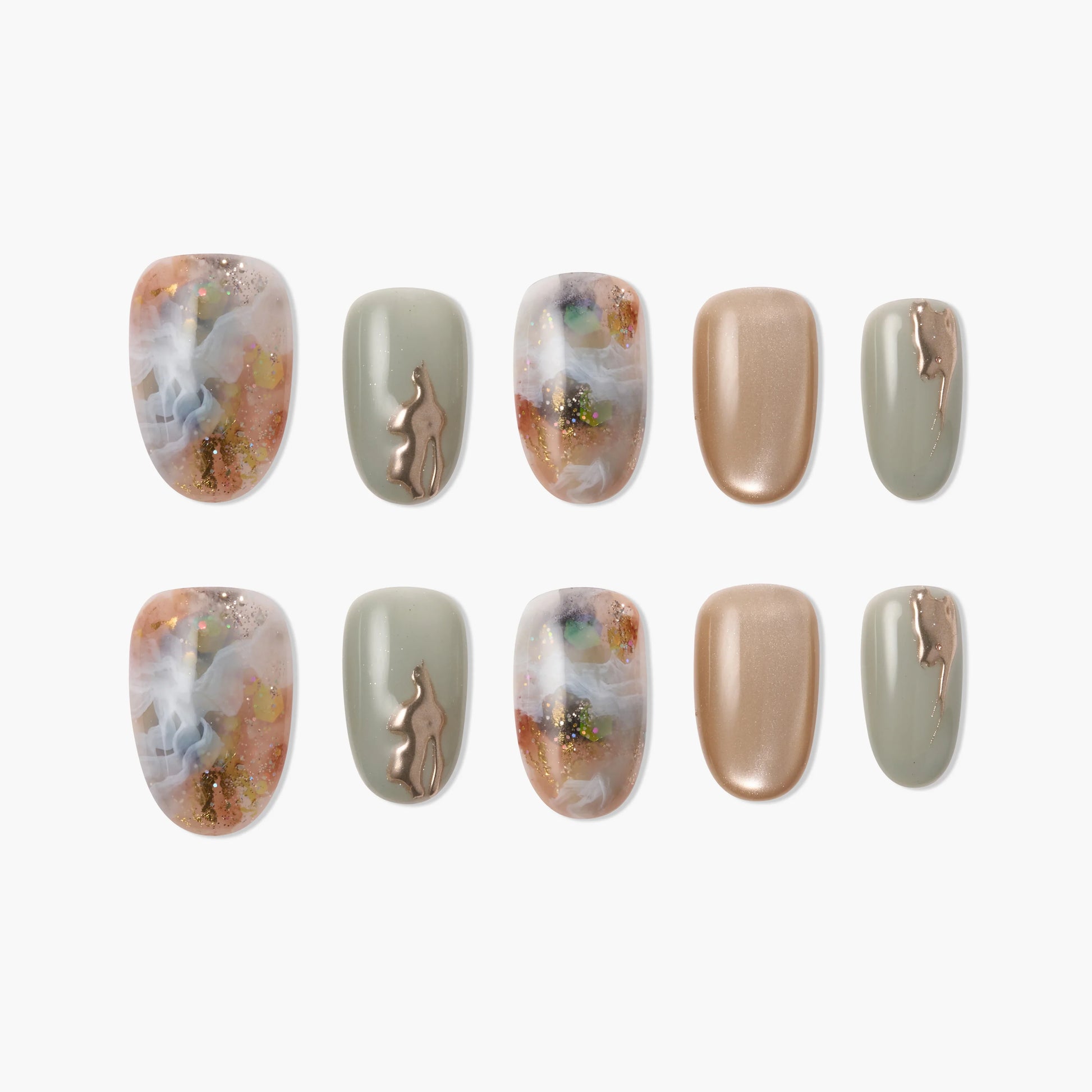 Handmade press-on nails with marble patterns, sage green, gold metallic accents, and artistic designs