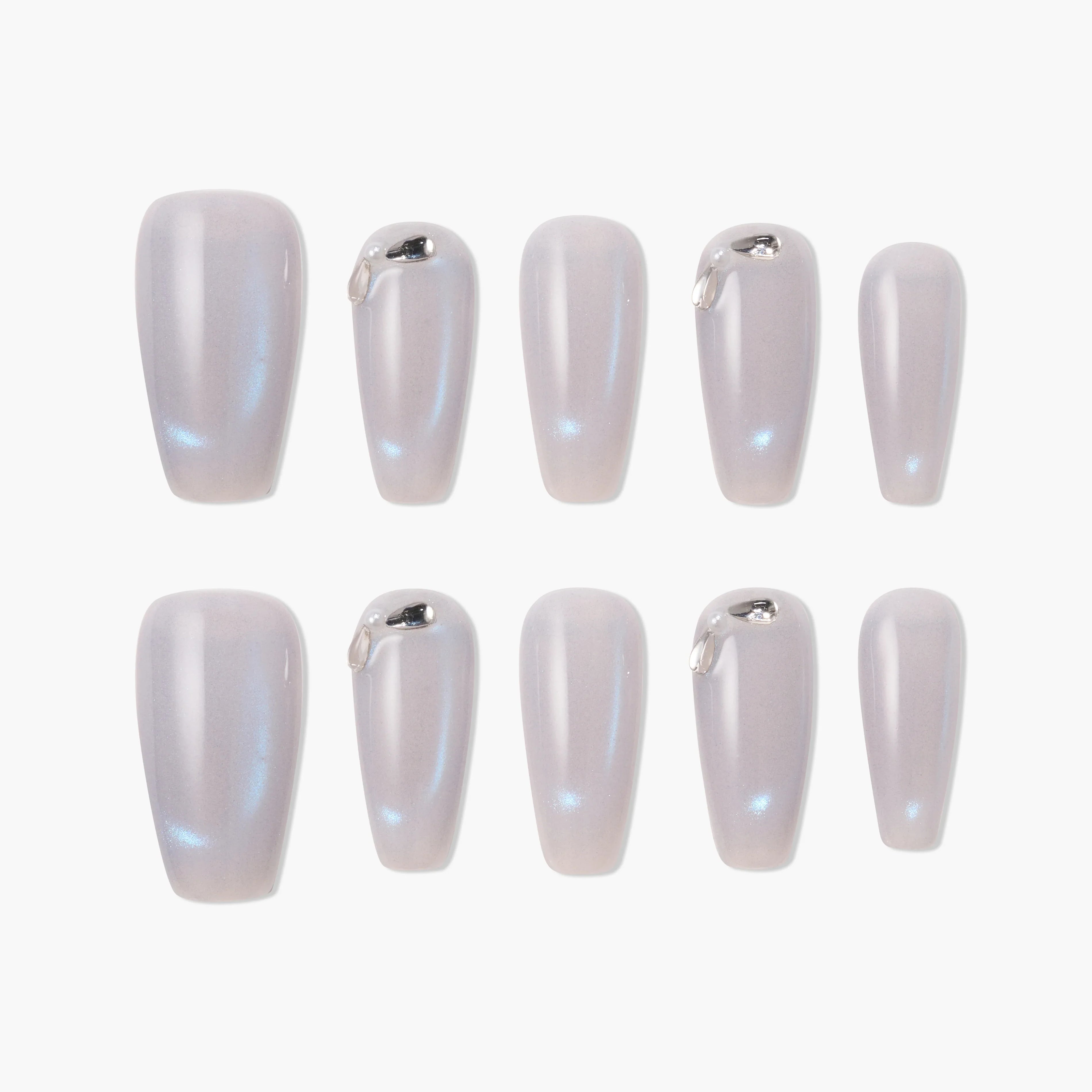 Handmade iridescent press-on nails with pearl shimmer and silver metallic accents, 10-piece set