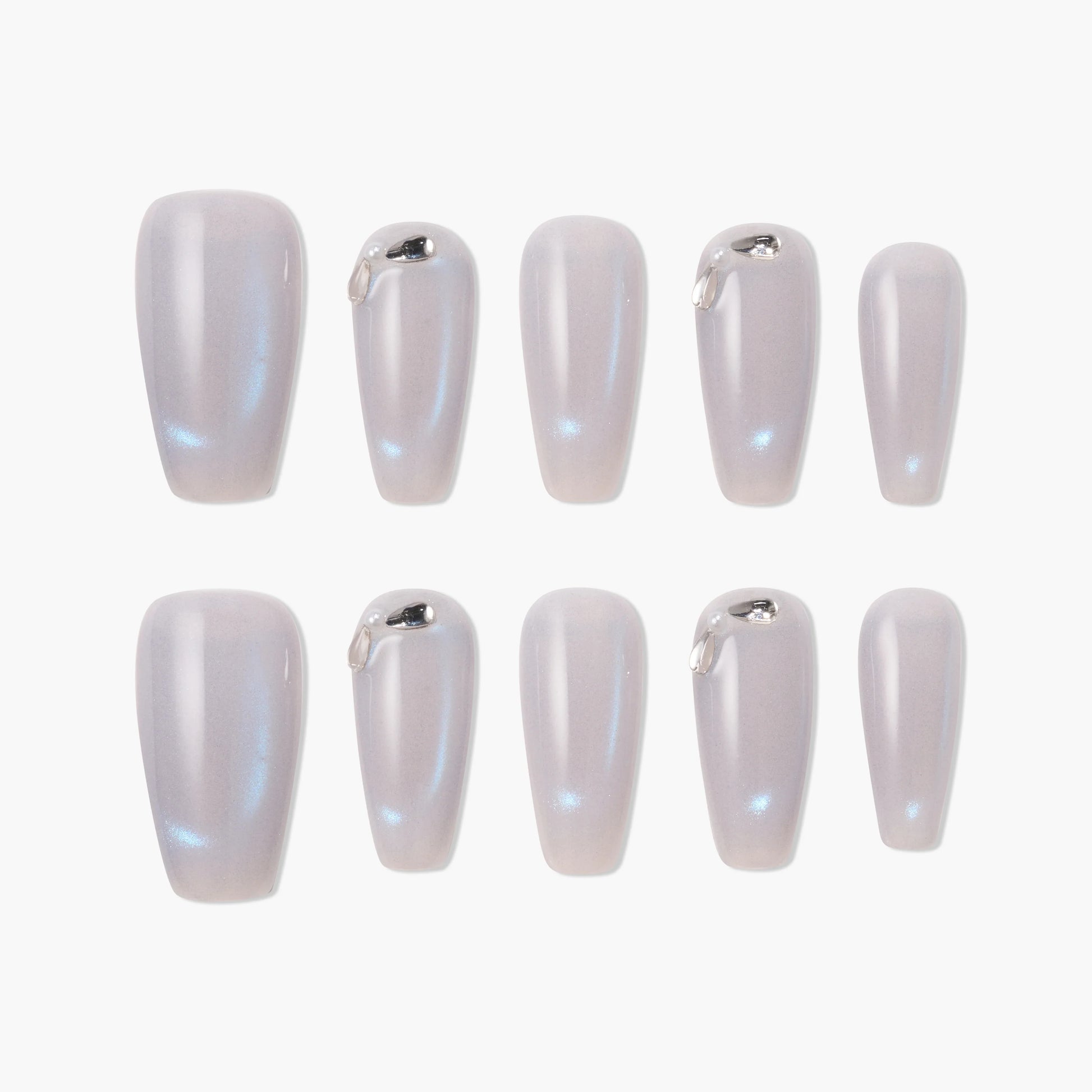 Handmade iridescent press-on nails with pearl shimmer and silver metallic accents, 10-piece set