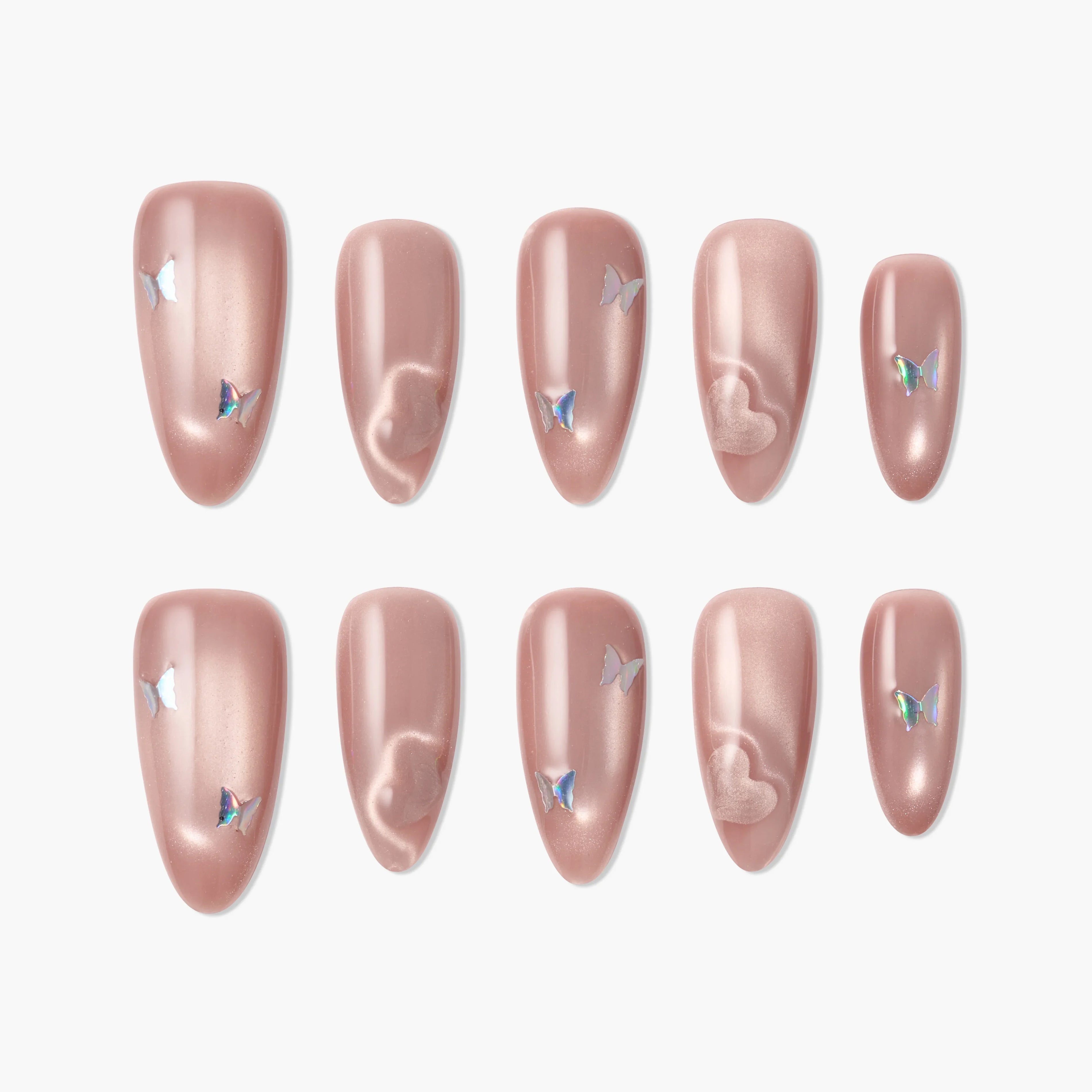 Handmade pink press-on nails with pearl finish, butterfly accents, and subtle heart designs.