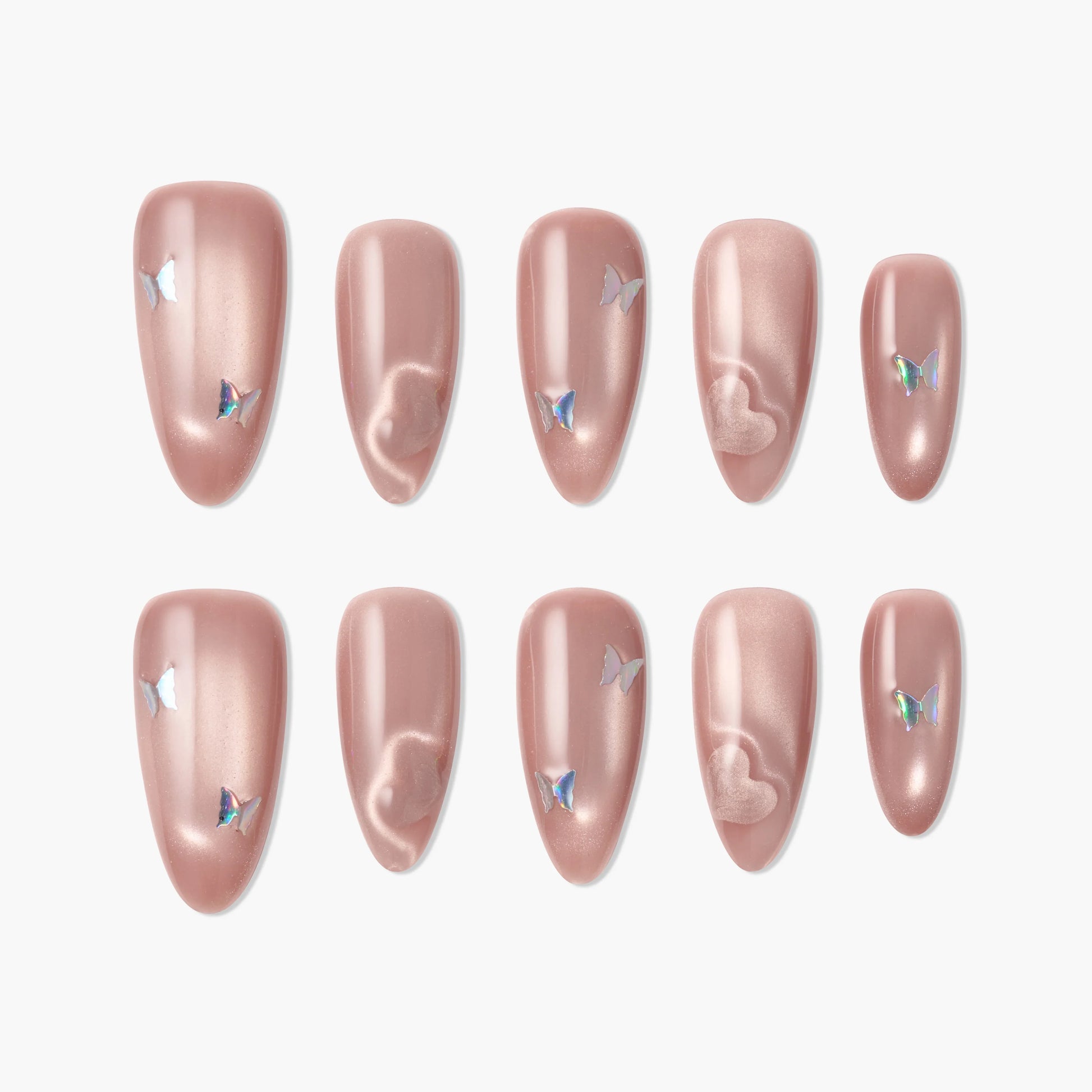 Handmade pink press-on nails with pearl finish, butterfly accents, and subtle heart designs.