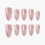 Set of glossy pink almond-shaped press-on nails arranged on white background