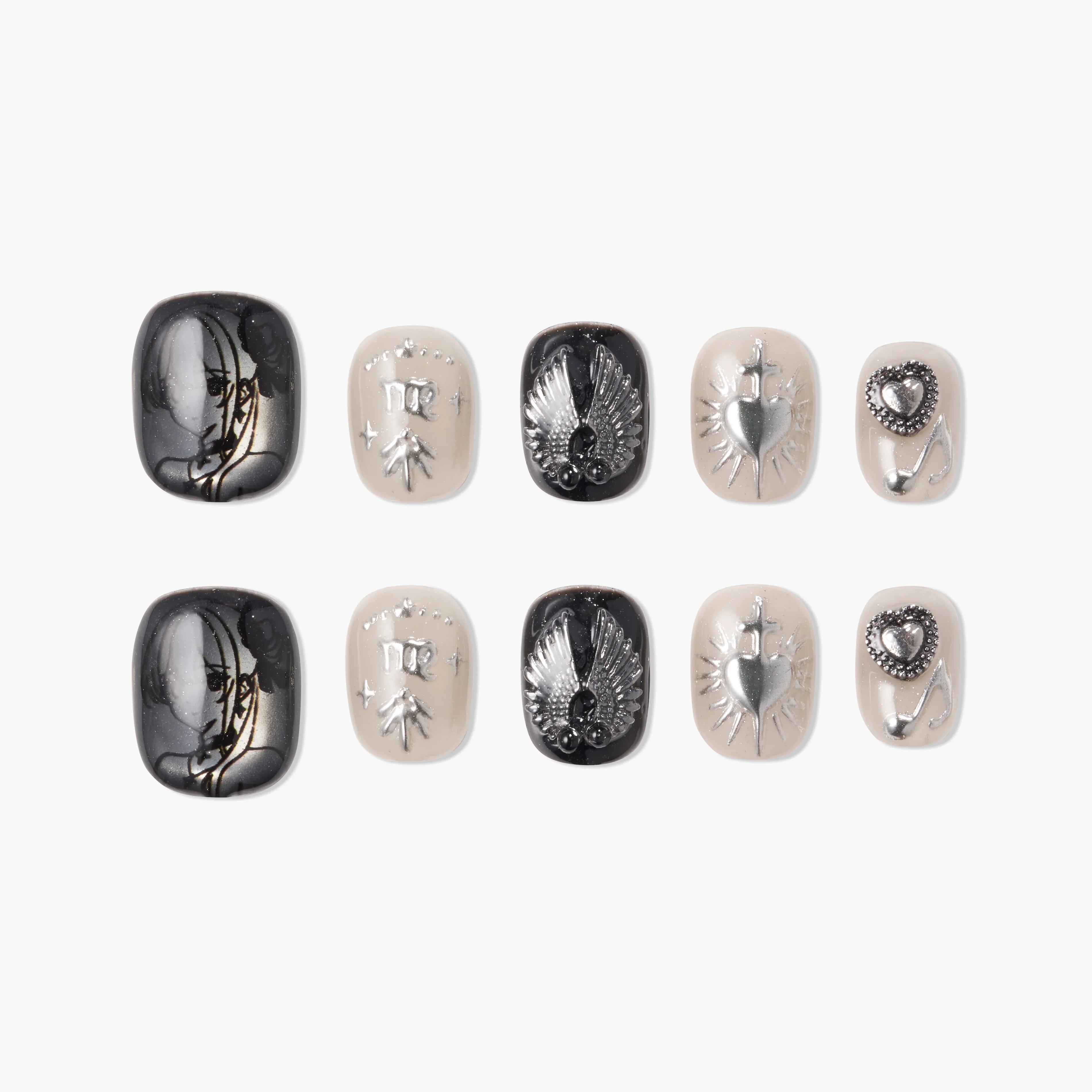 Handmade press-on nails with black and beige gothic designs, metallic wing, heart, and sword accents.
