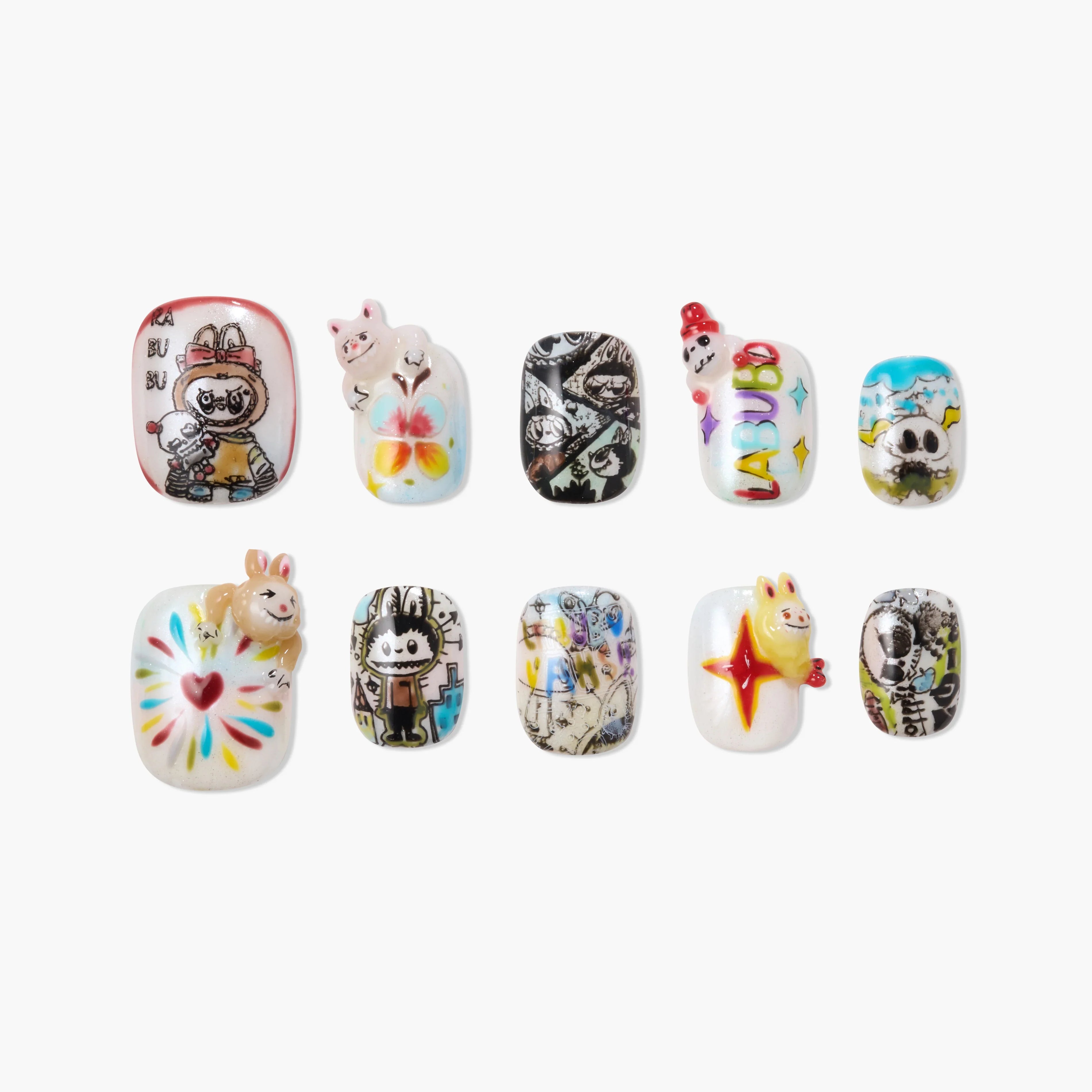 Handmade press-on nails with colorful cartoon characters and 3D animal designs on a white background