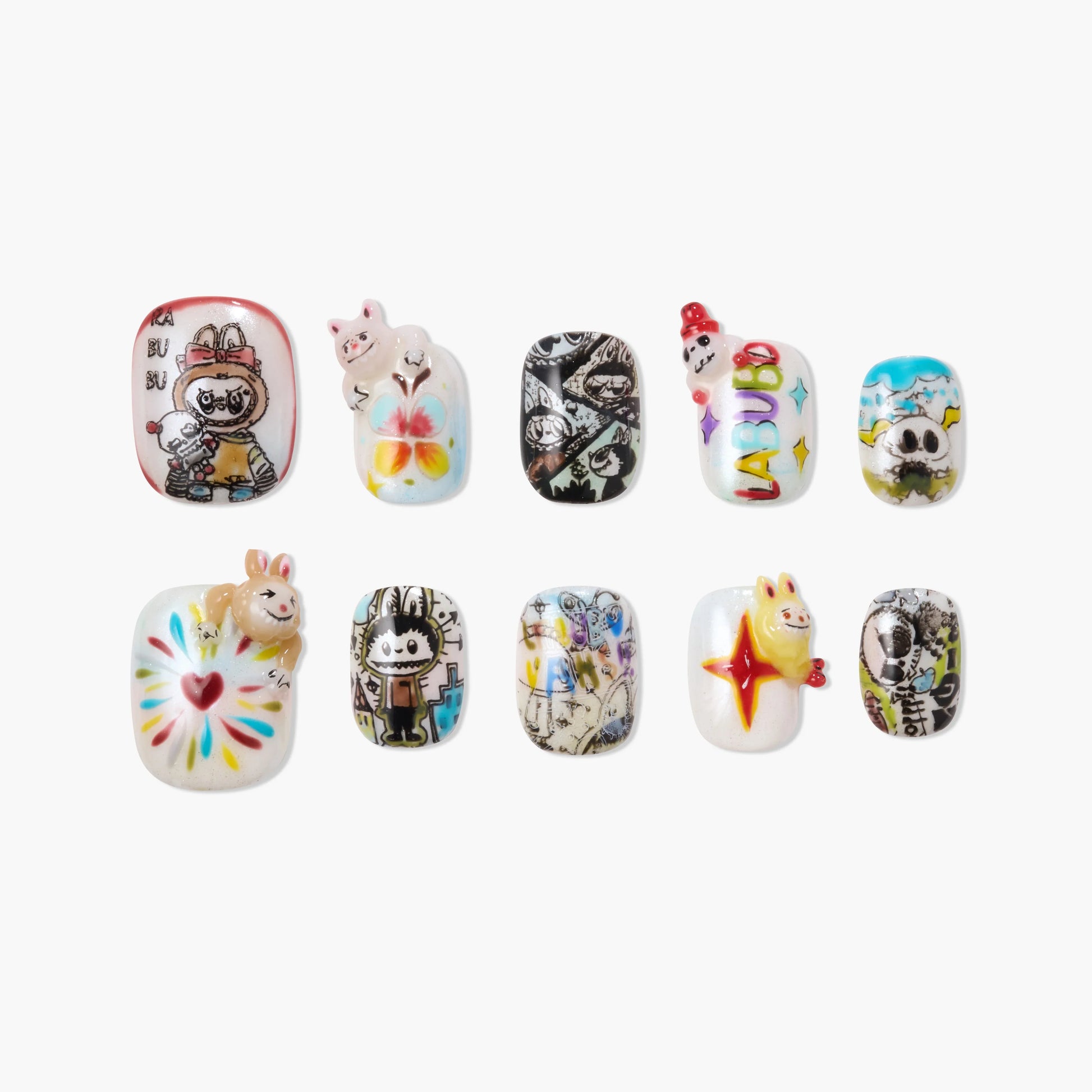 Handmade press-on nails with colorful cartoon characters and 3D animal designs on a white background