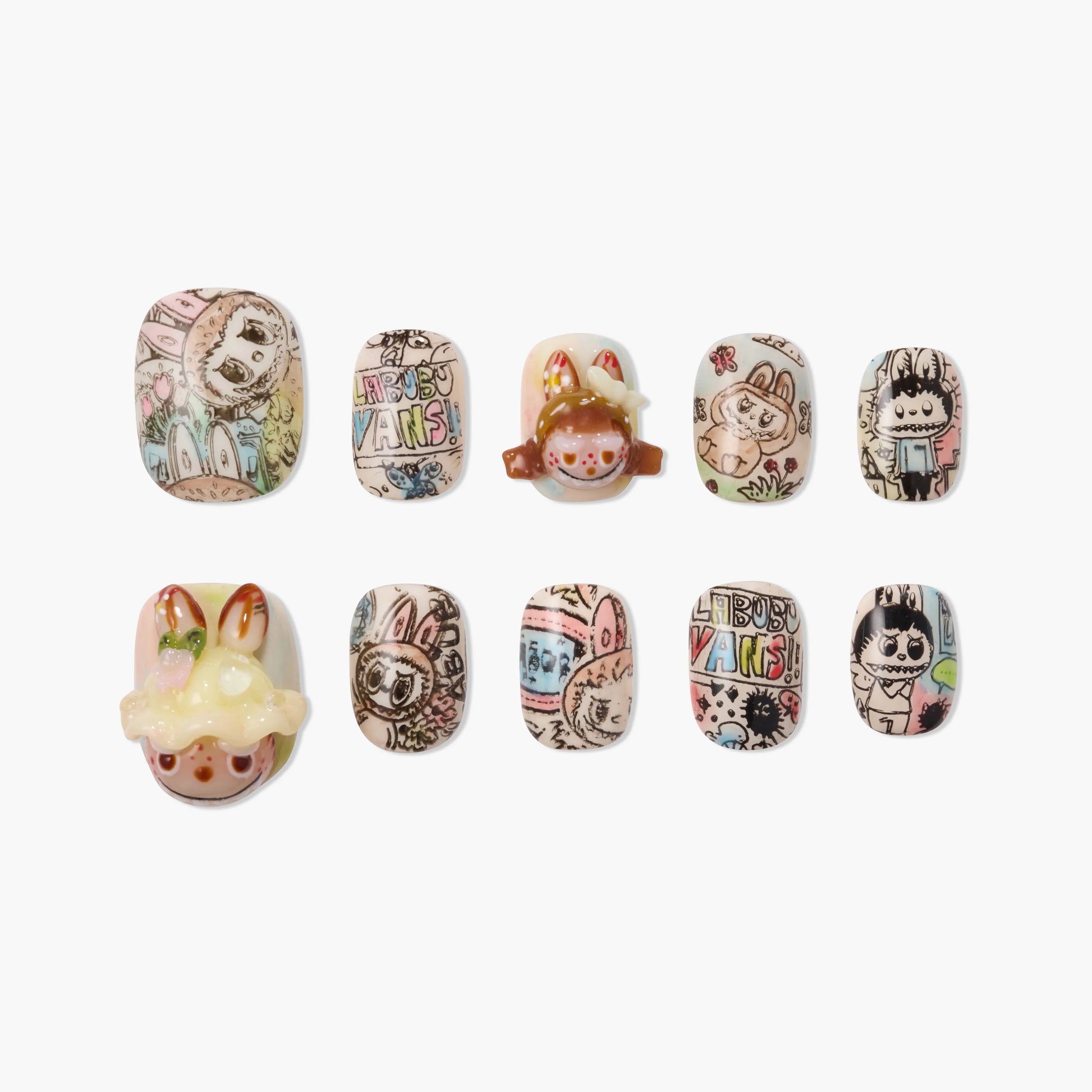 Handmade press-on nails with colorful cartoon animal designs and 3D bunny accents
