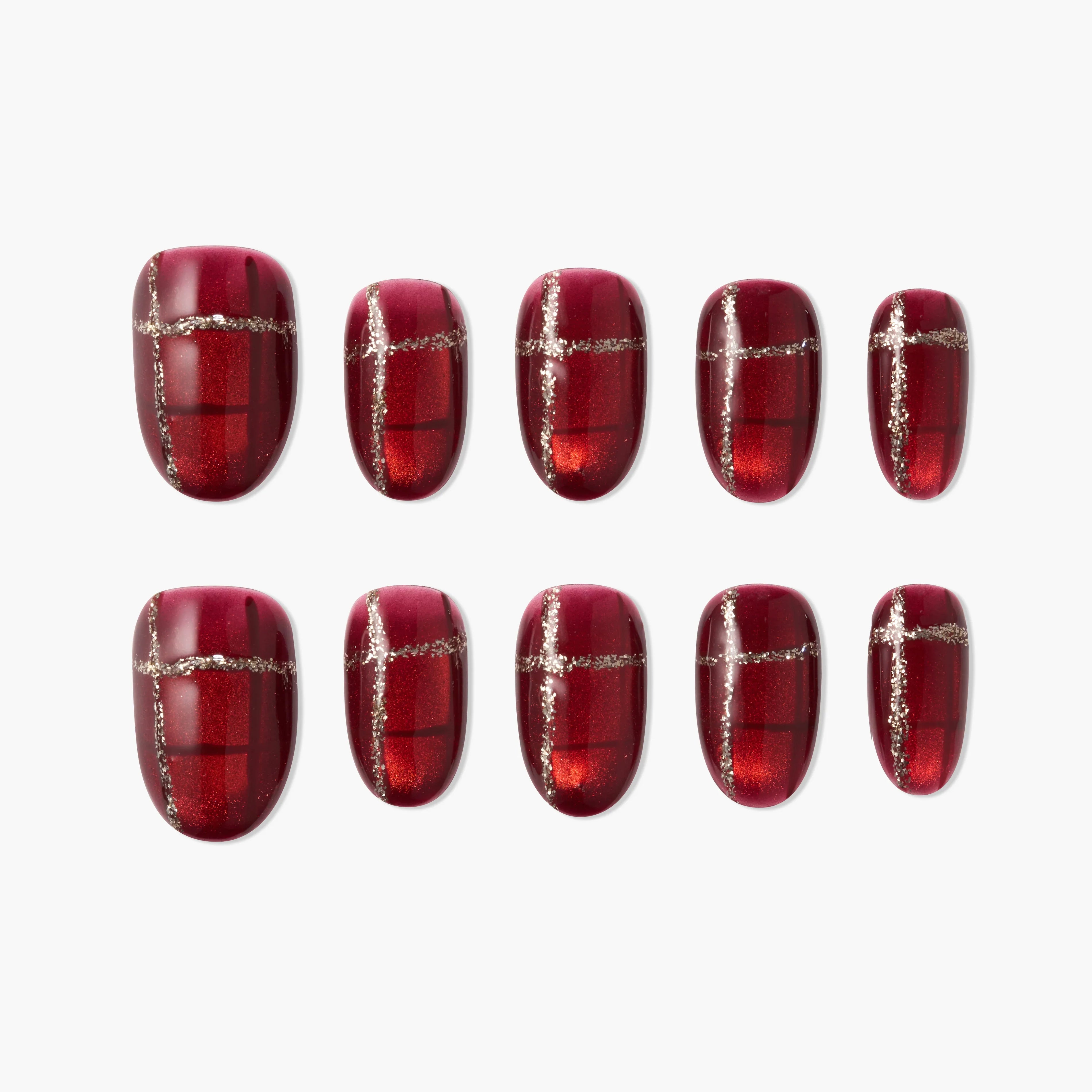 Glossy red handmade press-on nails with silver glitter crosshatch design, set of ten.