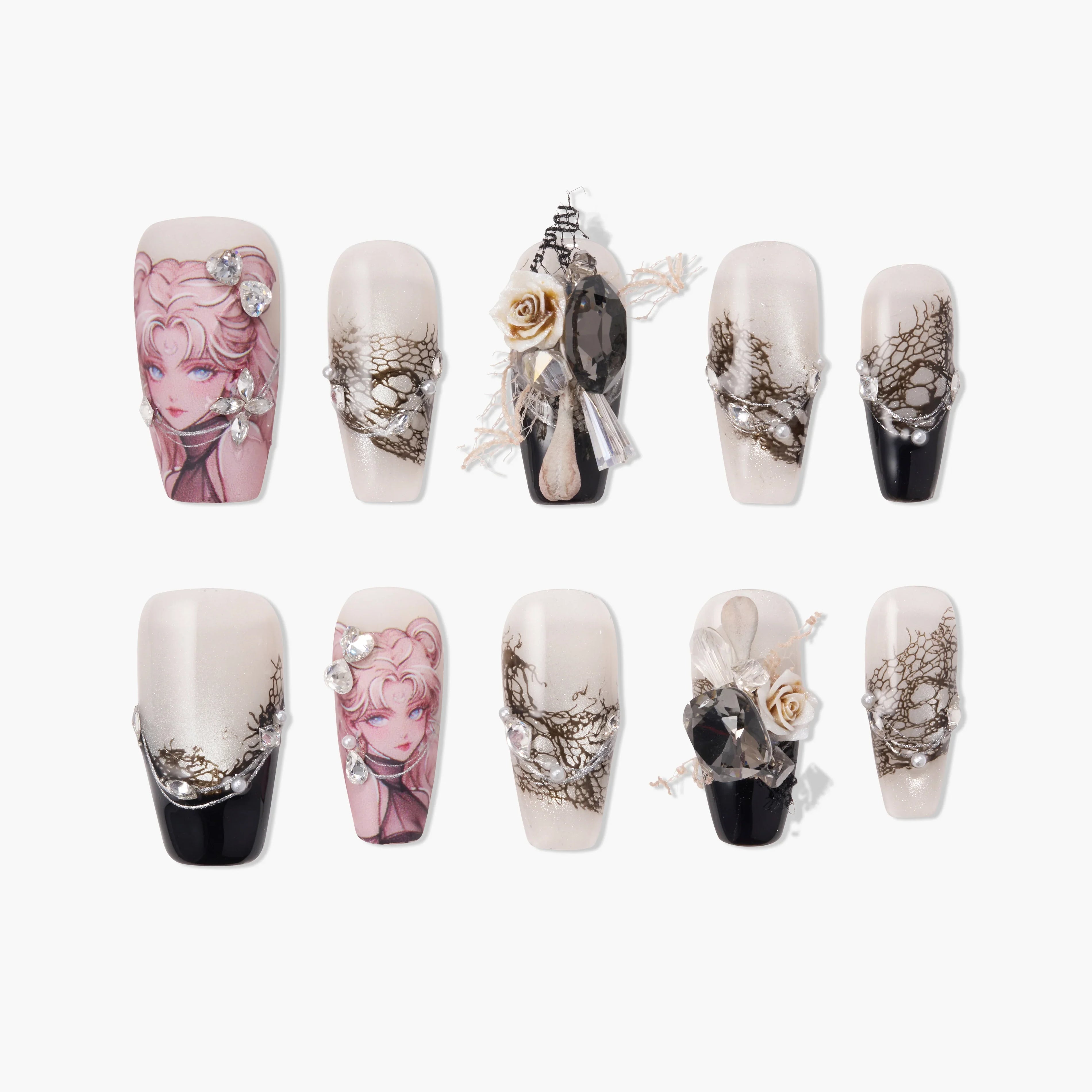 Handmade press-on nails with anime art, black lace, pearls, and 3D gem embellishments