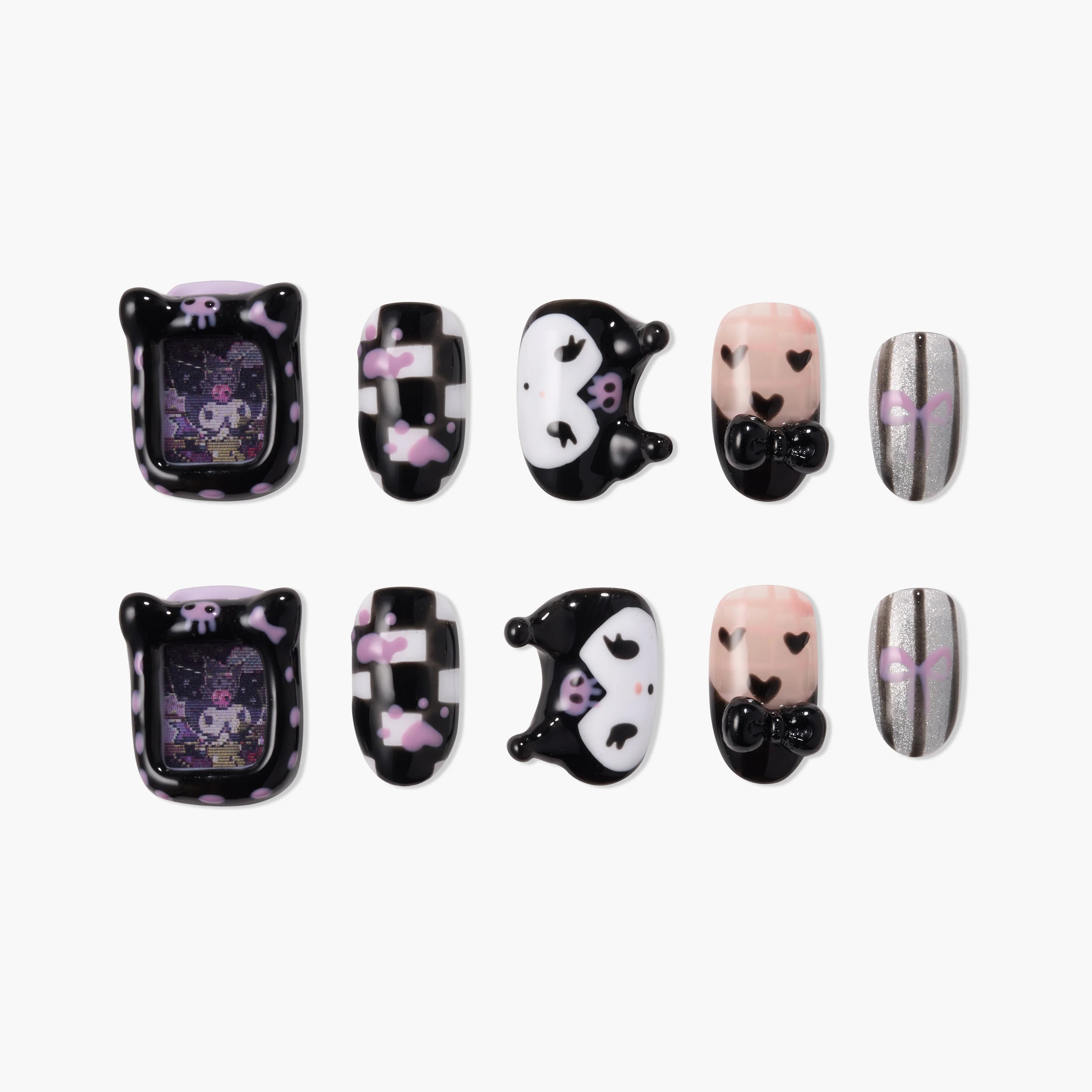 Cute black and pink 3D press-on nails with cartoon, heart, bow, and checker designs