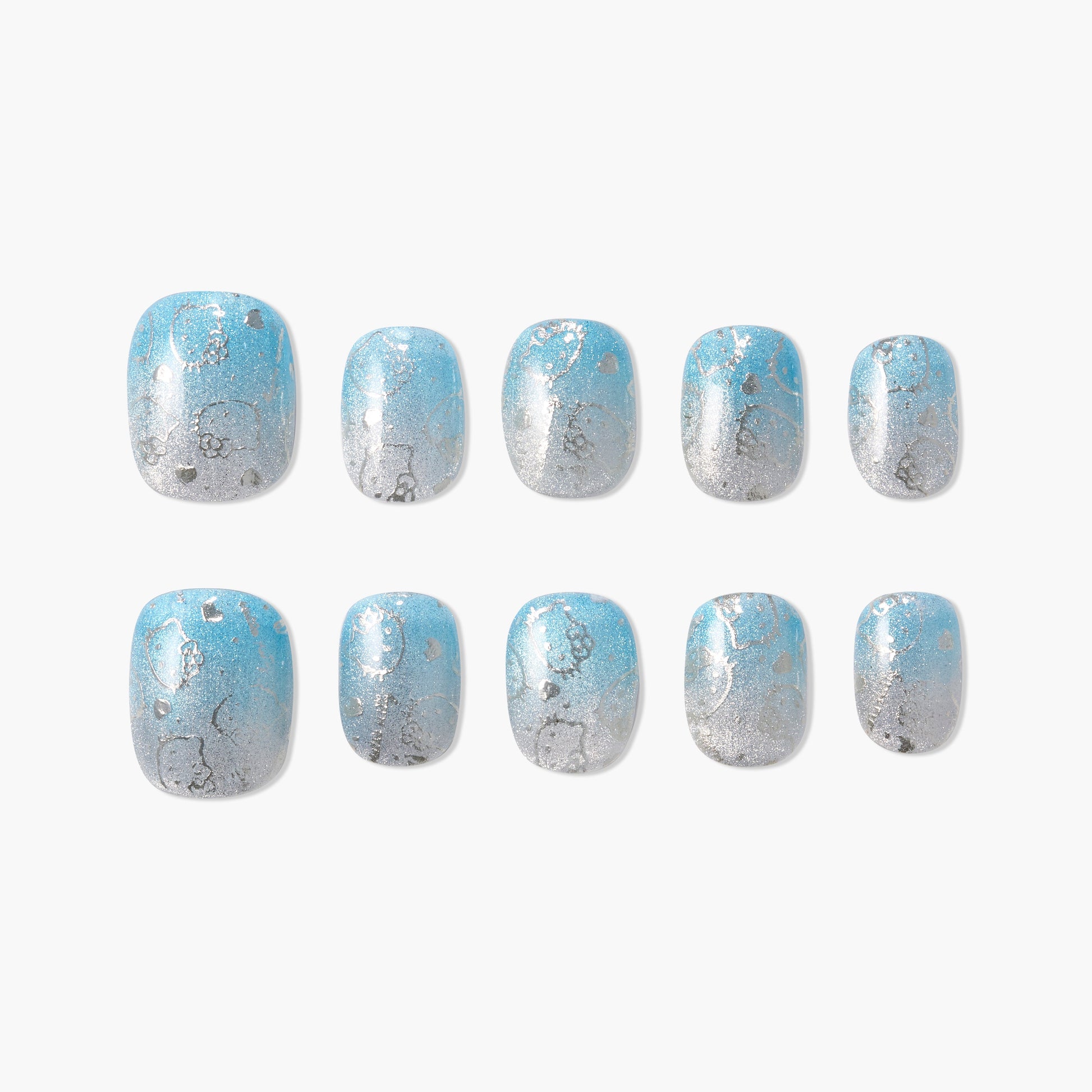 Set of blue and silver glitter press-on nails with subtle heart and floral patterns