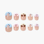 Cute press-on nails with pastel 3D animal faces on nude base, reusable and handmade