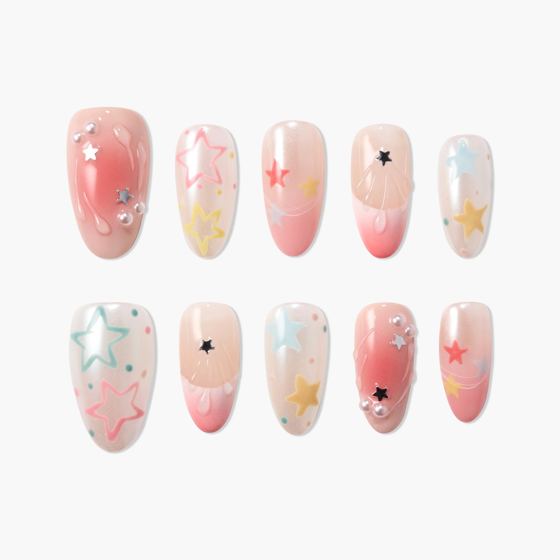 Set of 10 glossy press-on nails with star patterns, pearls, and pink gradient designs