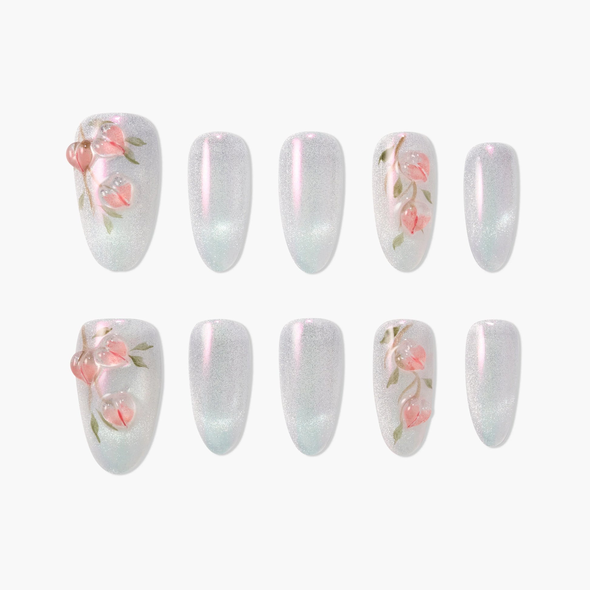 Set of glittery silver press-on nails with pink floral and green leaf designs