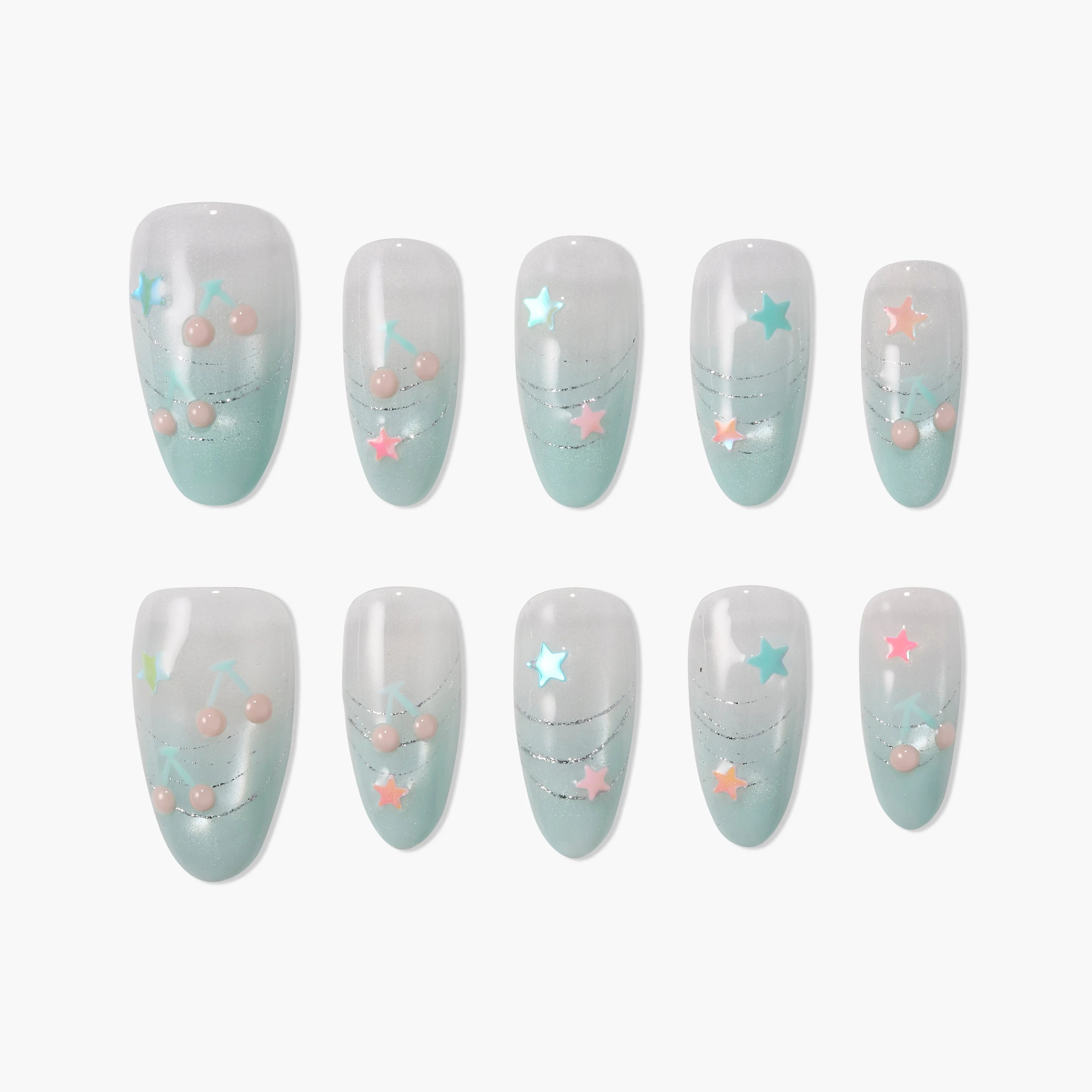 Set of blue ombre press-on nails with pink cherries and colorful star decals