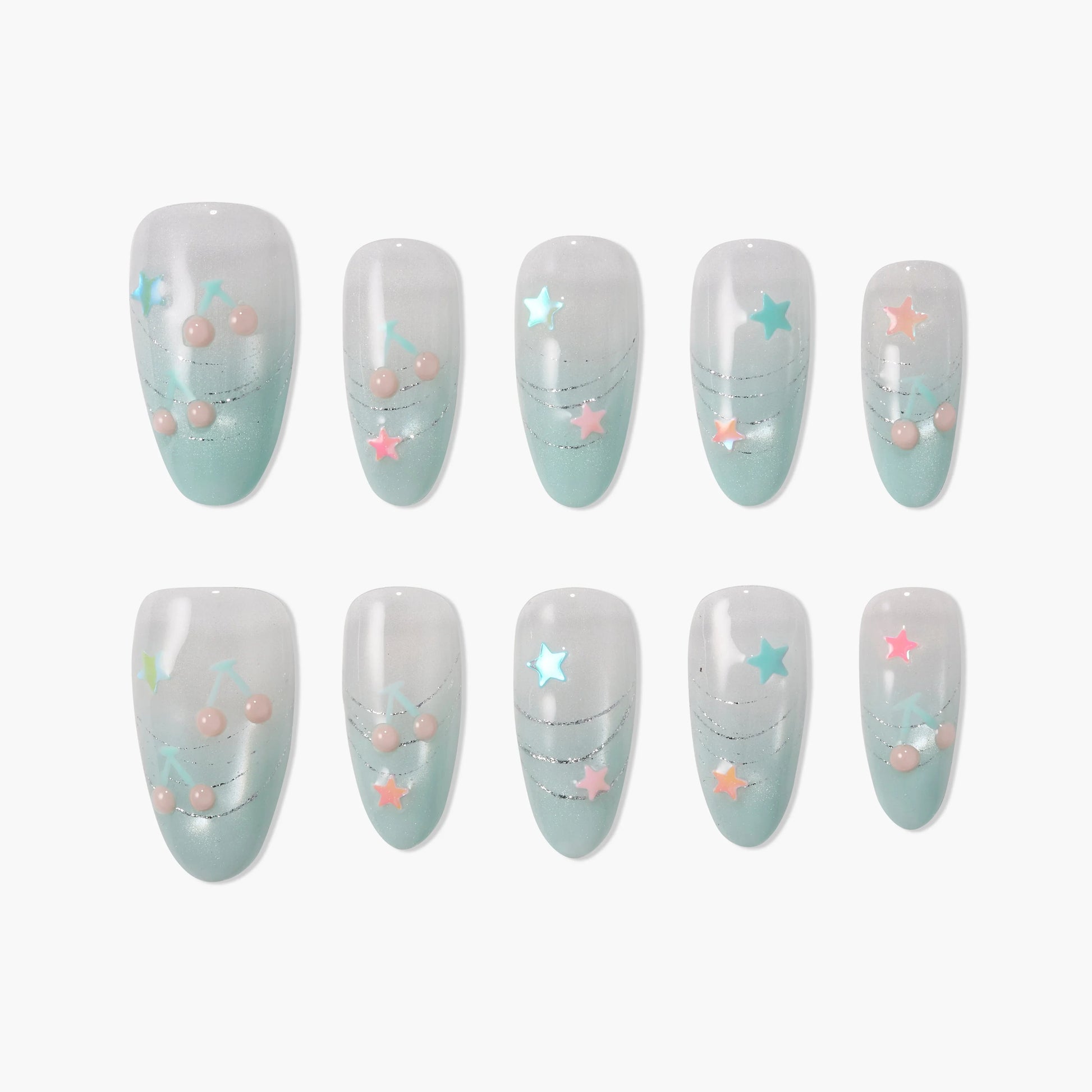 Set of blue ombre press-on nails with pink cherries and colorful star decals