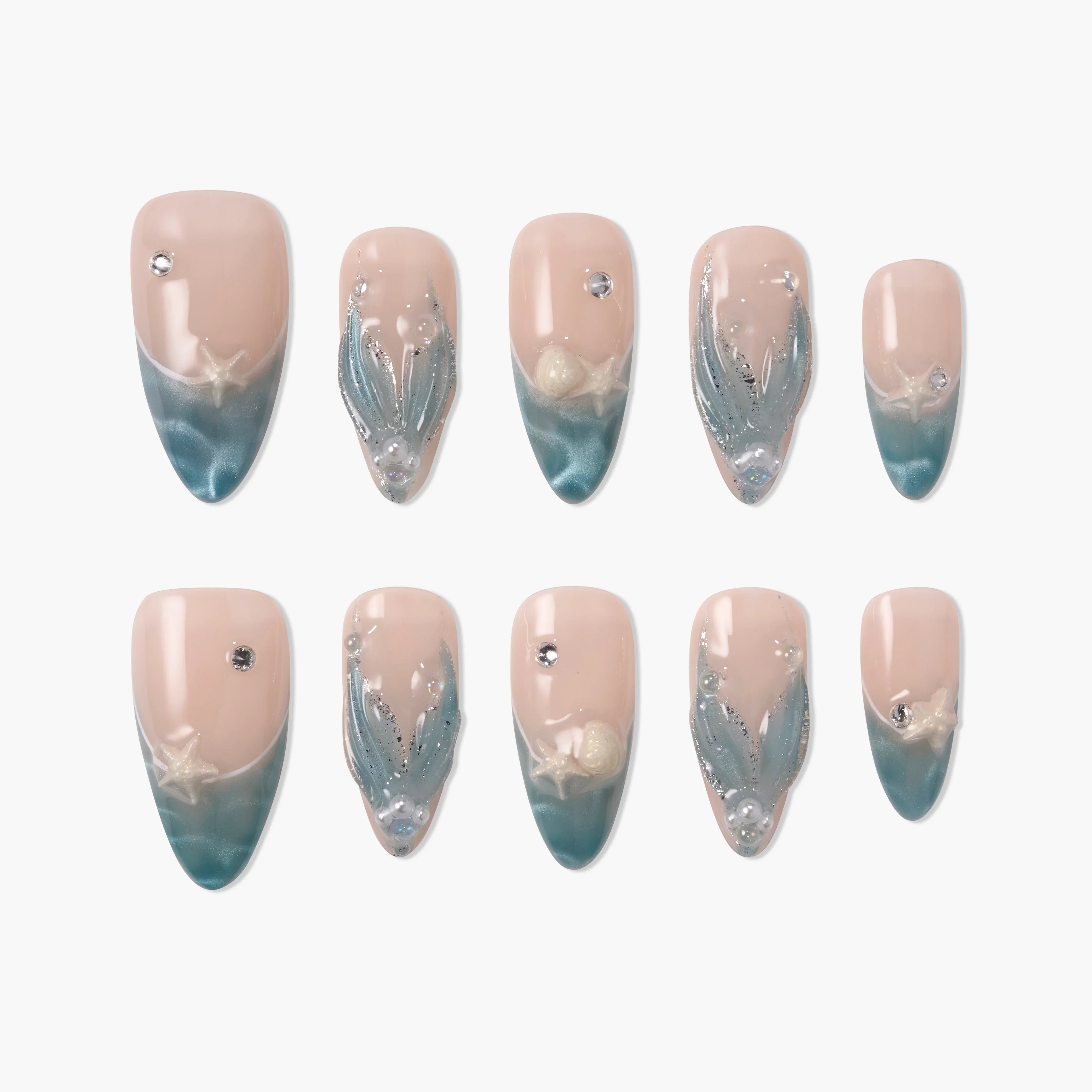 Set of nude and teal press-on nails with 3D starfish, pearls, and rhinestone accents