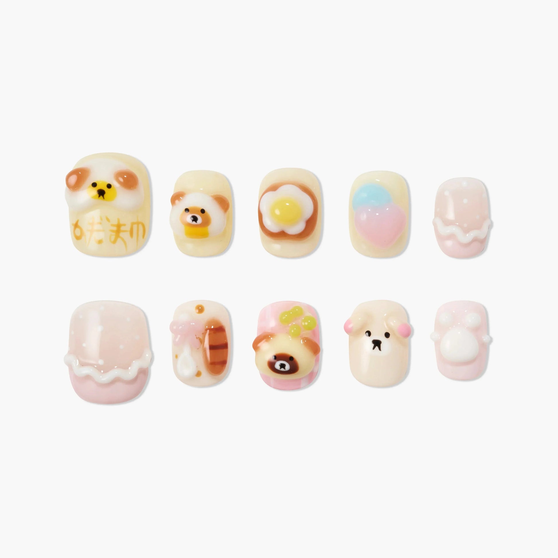 Cute handmade press-on nails with bear, heart, egg designs in pastel colors, kawaii nail art
