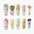 Set of 10 colorful cartoon character press-on nails with bows, rhinestones, and heart gems