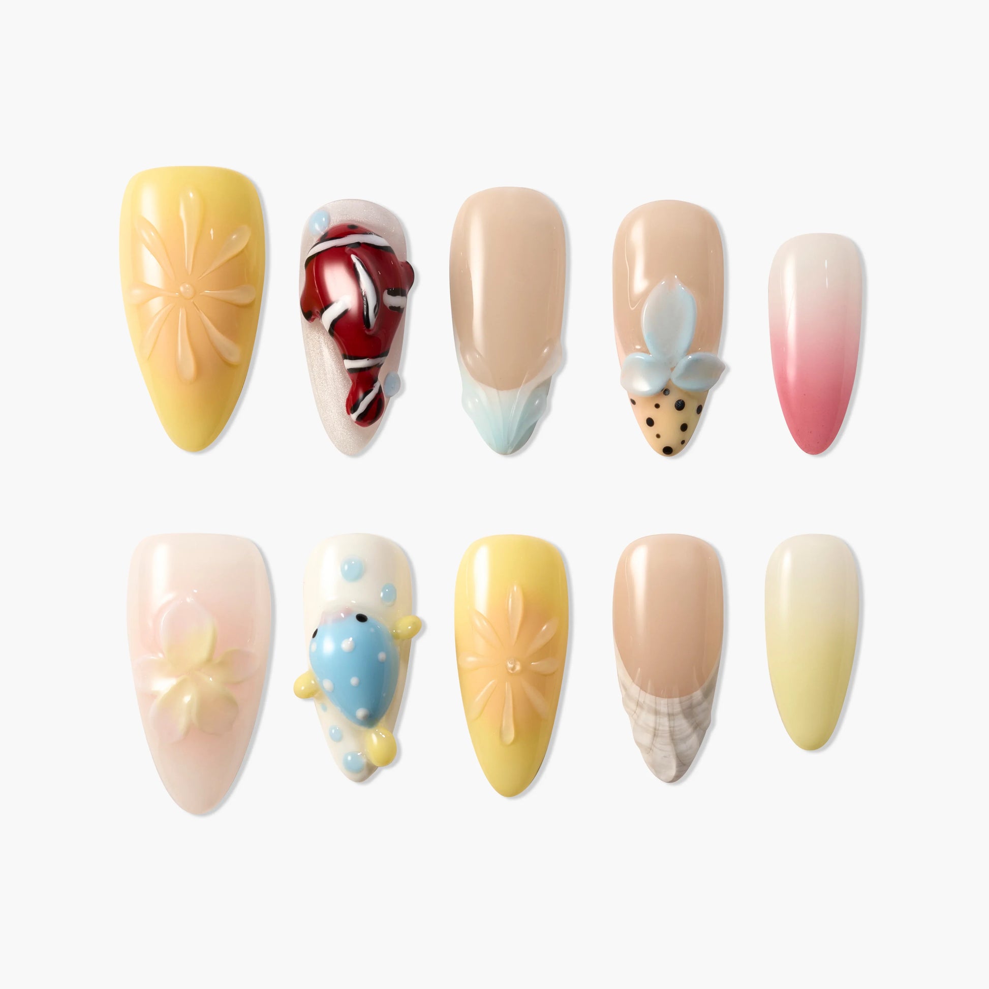 Handmade press-on nails with floral, butterfly, and abstract 3D designs in pastel colors