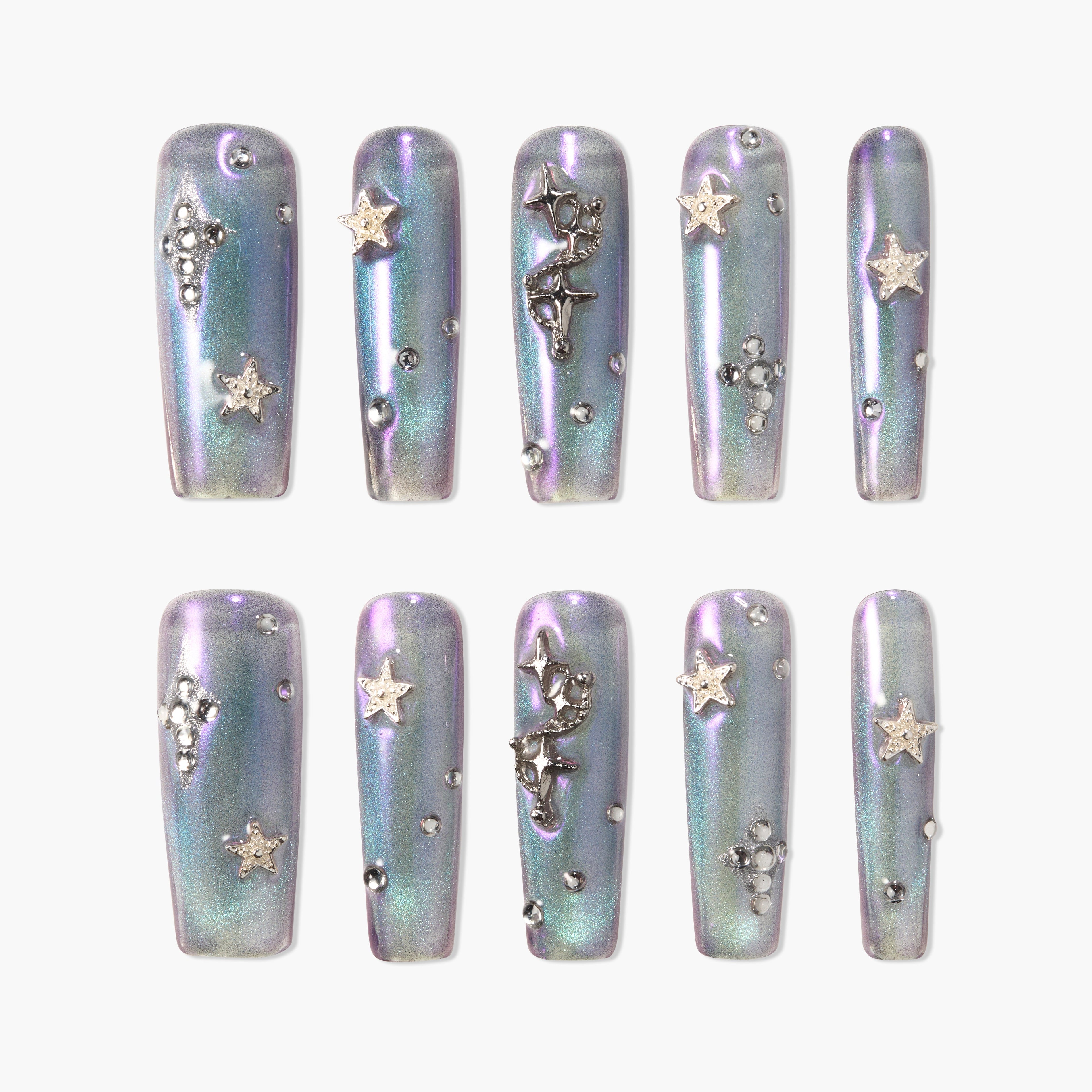 Set of 10 iridescent blue-purple press-on nails with silver star and bead embellishments