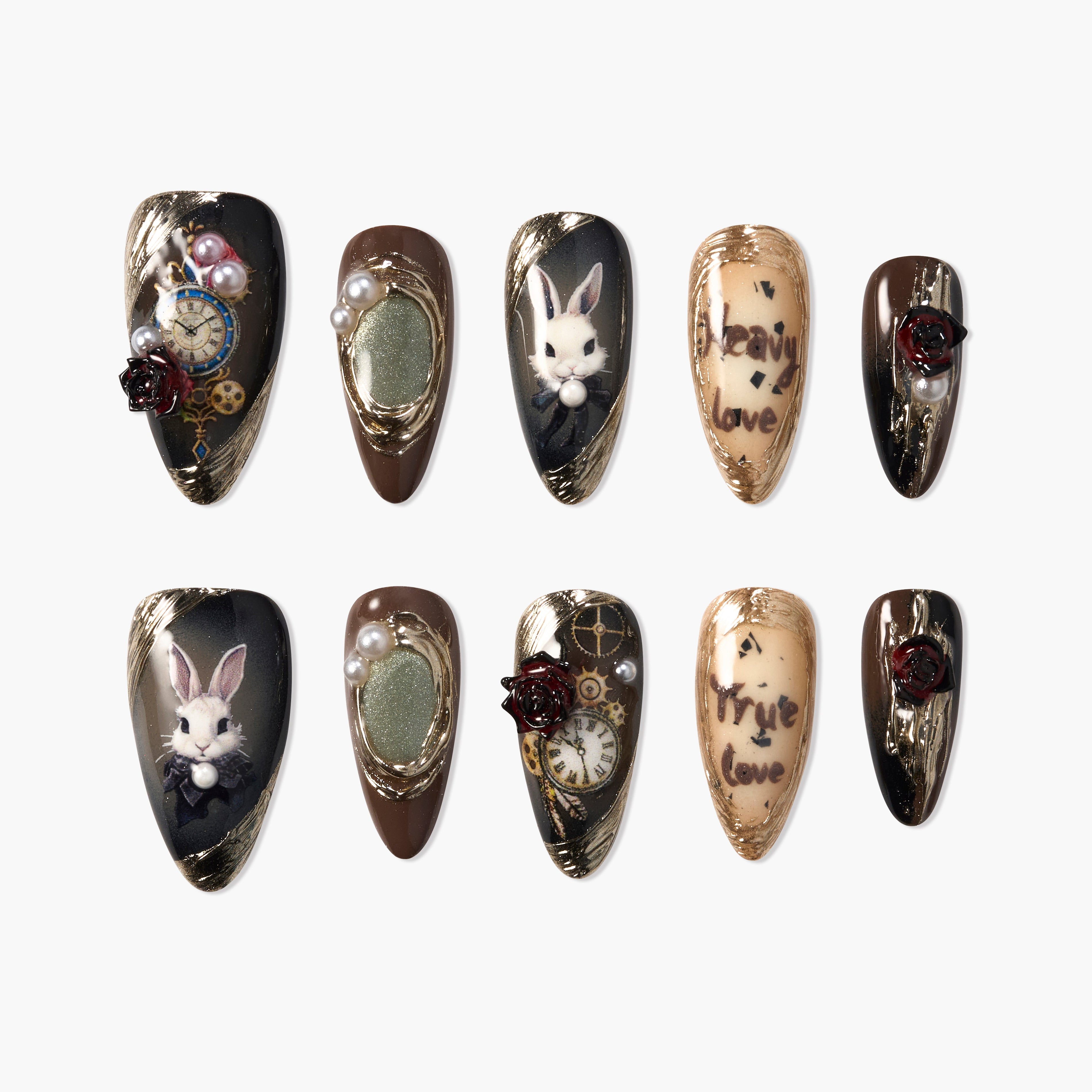 Set of artistic press-on nails featuring rabbits, vintage clocks, pearls, roses, and gold accents