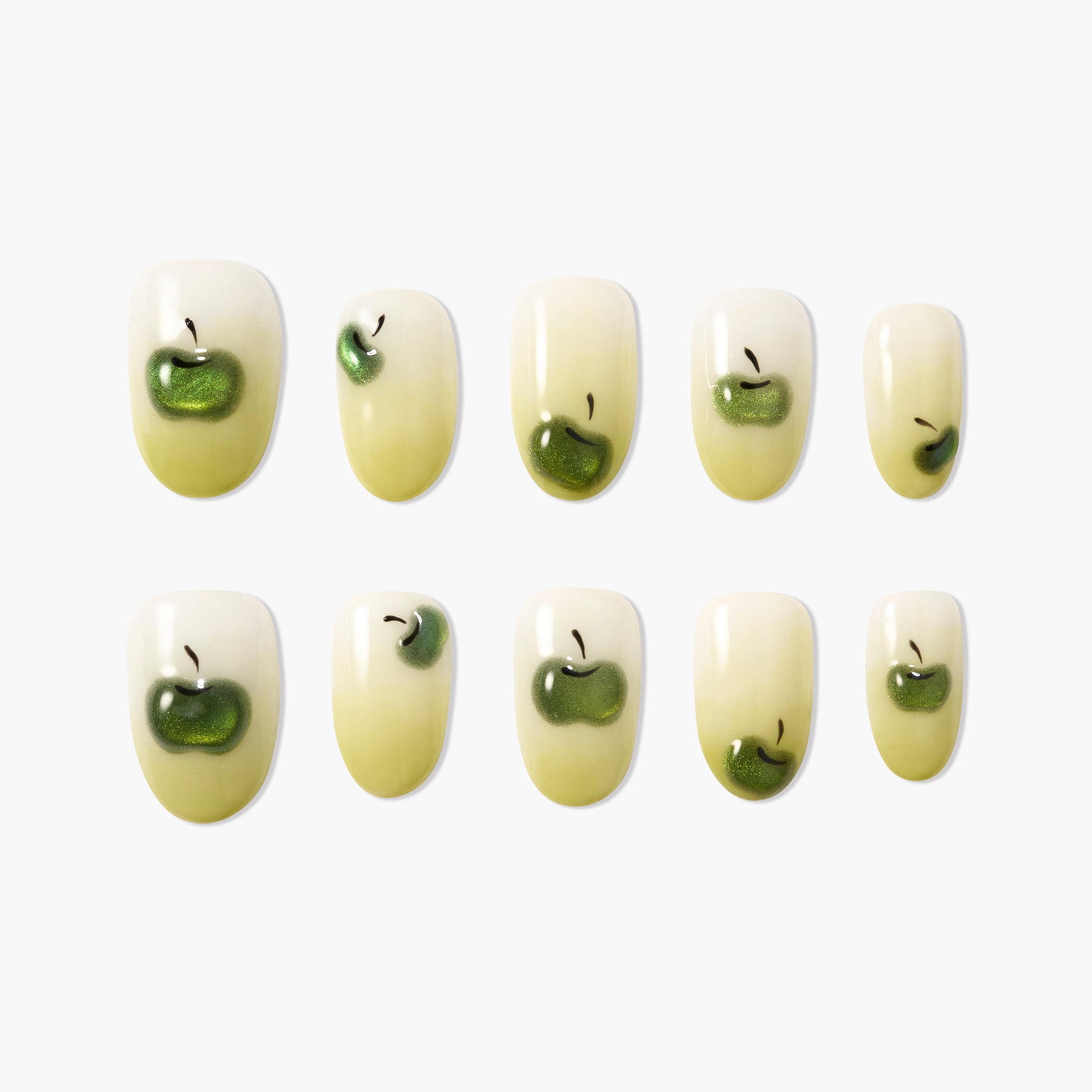 Green apple themed handmade press-on nails set, glossy finish, oval shape, on white background.