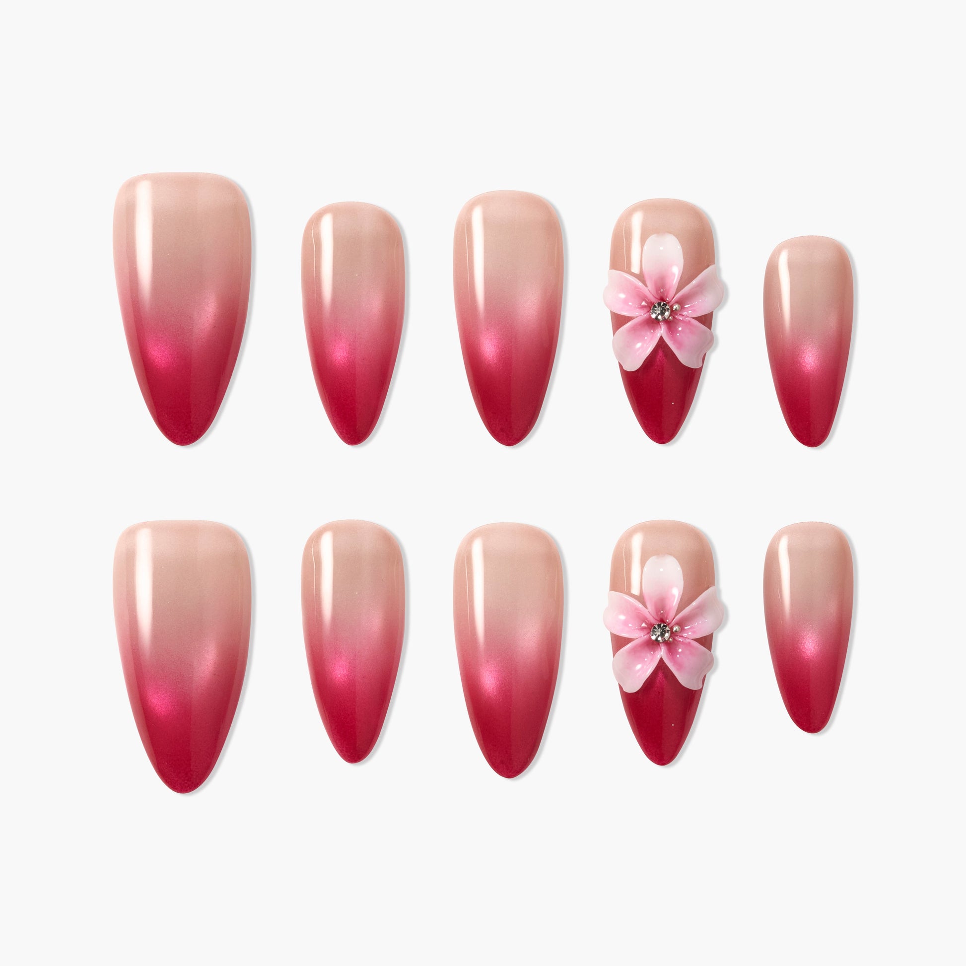 Set of 10 ombre pink press-on nails with nude to red gradient and 3D floral accent design