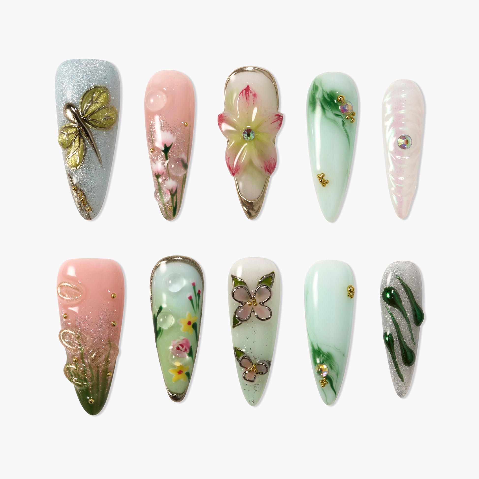 Handmade press-on nails set with pastel colors, 3D floral and butterfly designs, jewel accents