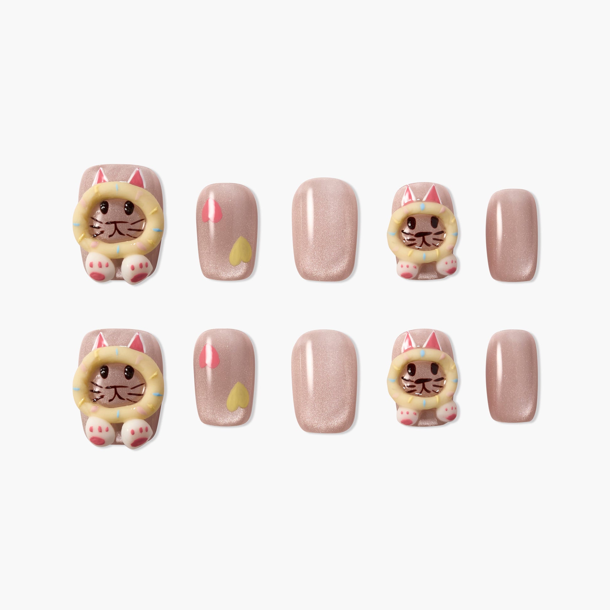 Set of pink shimmer press-on nails with 3D cat donut design and heart accents