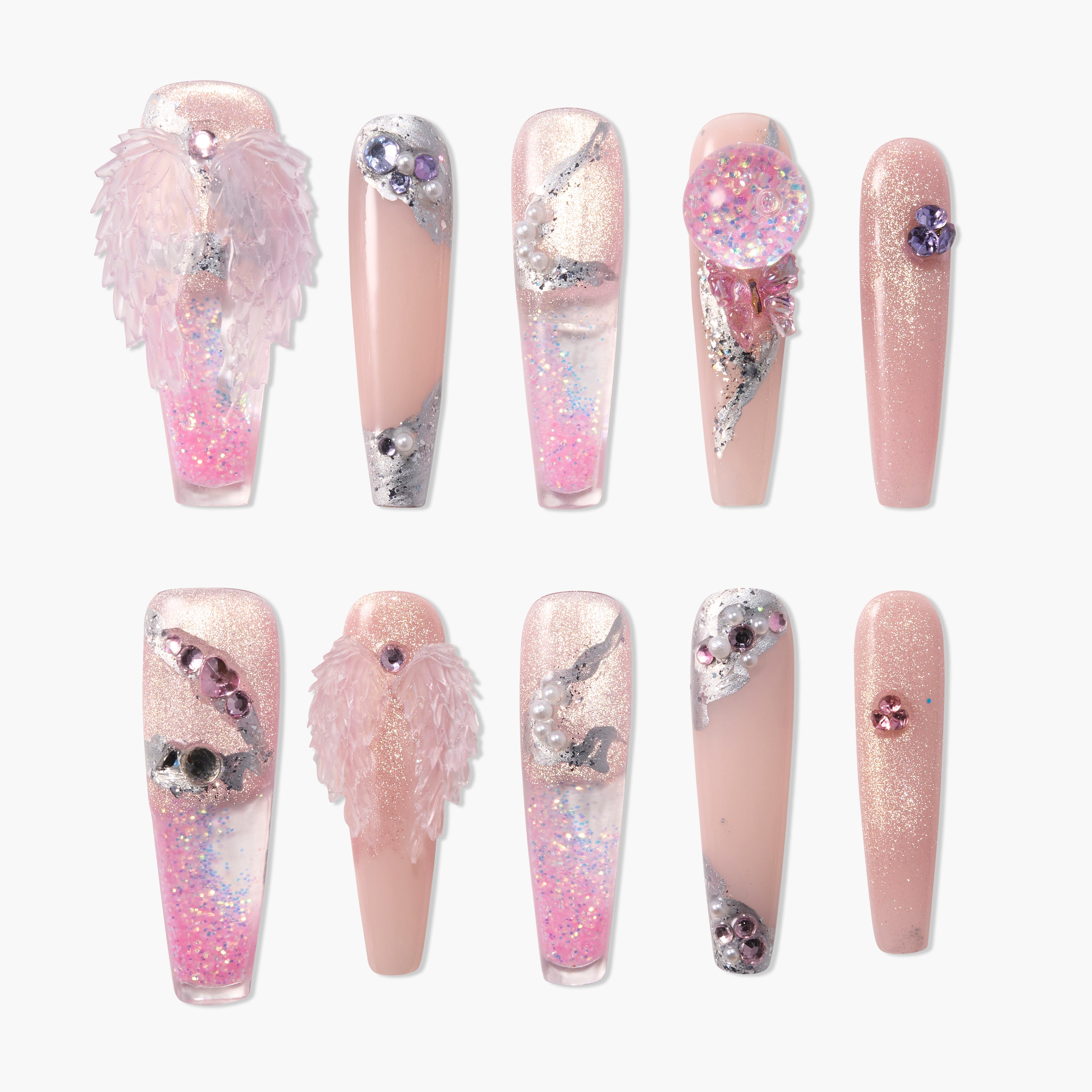 Set of pink glitter press-on nails with 3D angel wings, pearls, and rhinestone accents