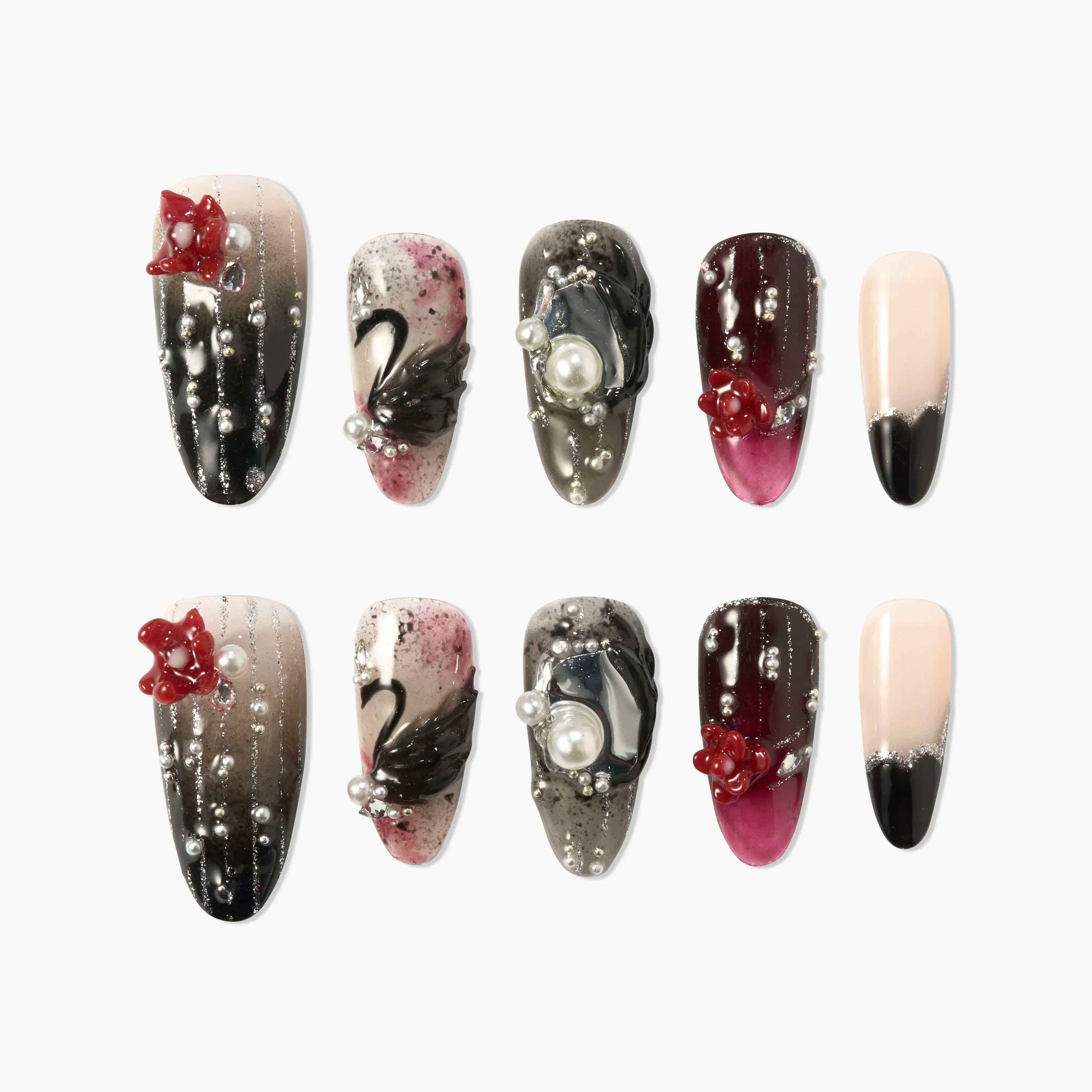 Set of decorative press on nails with black swan, red flowers, pearls, and gradient designs
