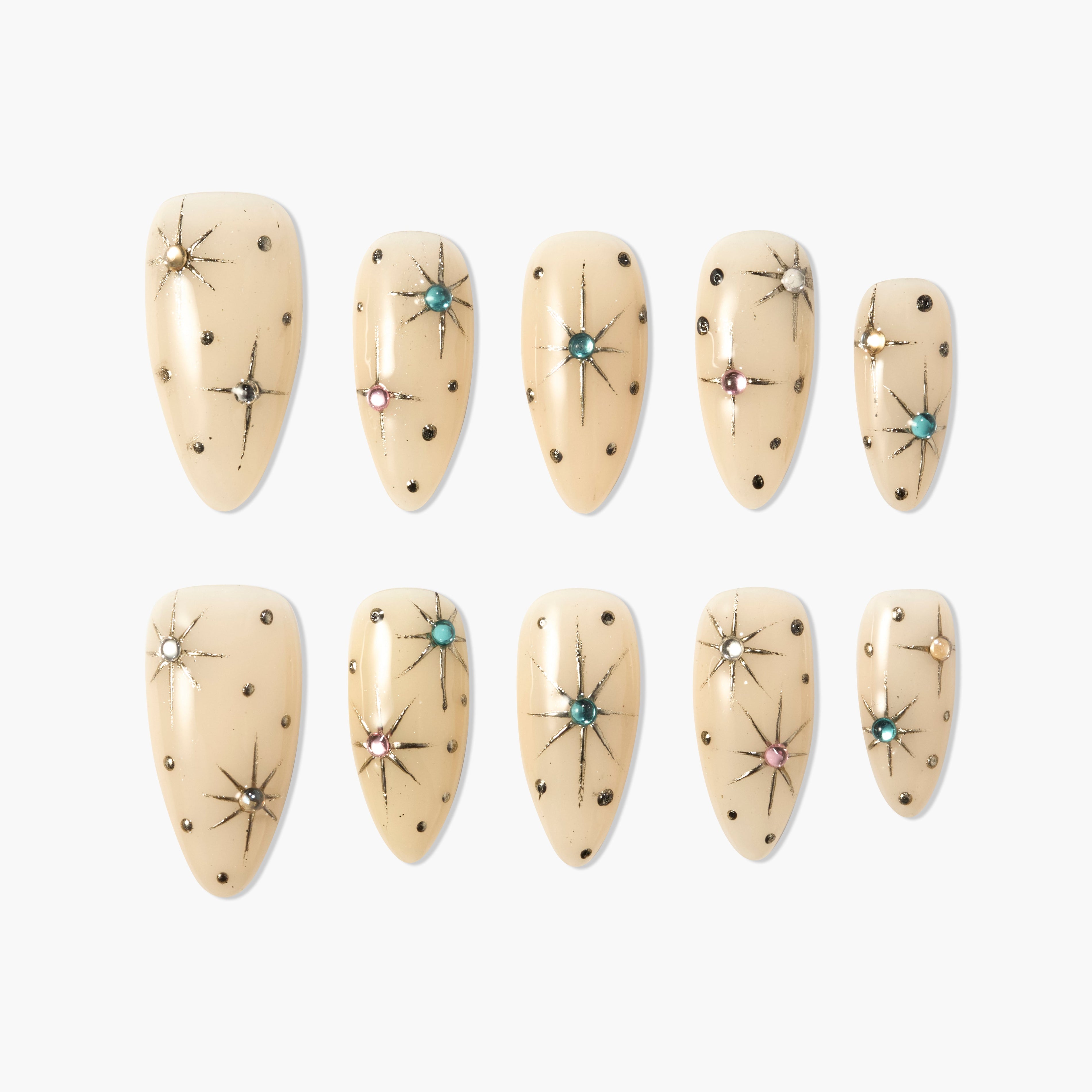 Set of beige press-on nails with starburst designs and multicolored rhinestones