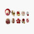 Set of 10 intricate press-on nails with red, gold, pearls, heart, flower, and glitter designs on white background
