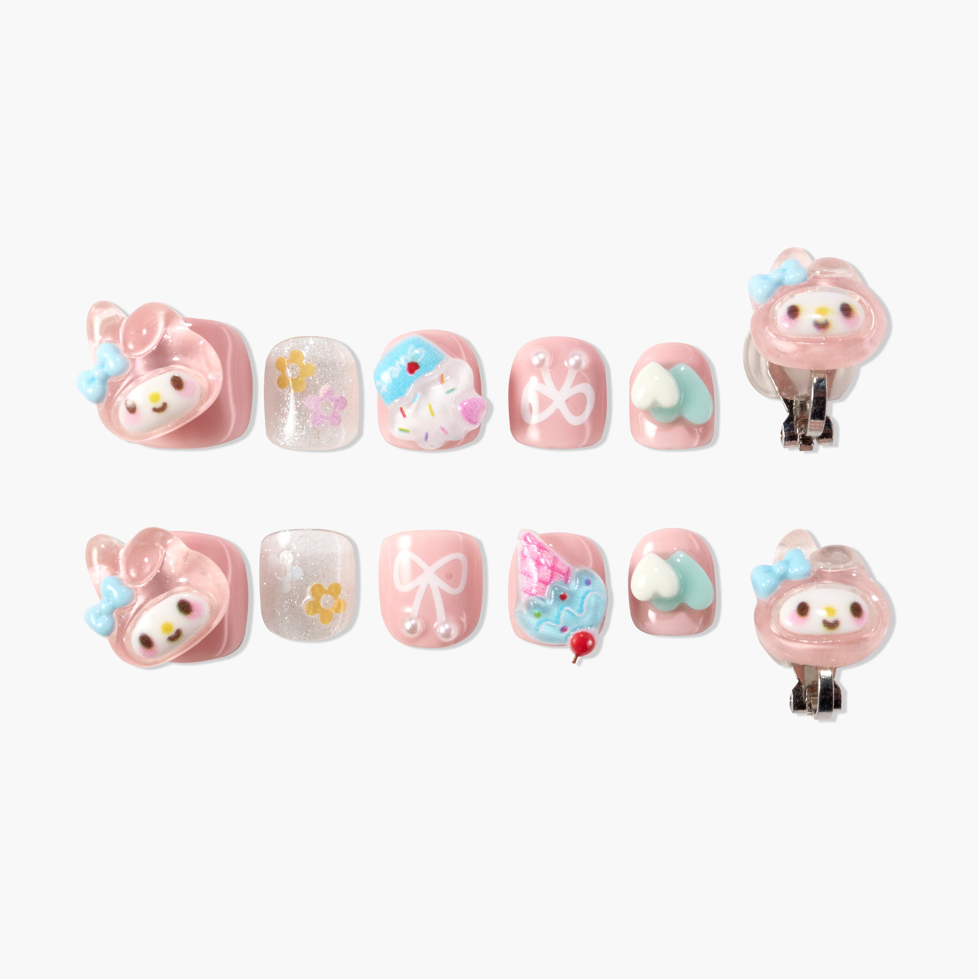 Pink press-on nails with cute 3D character, glitter flowers, bows, and hearts design