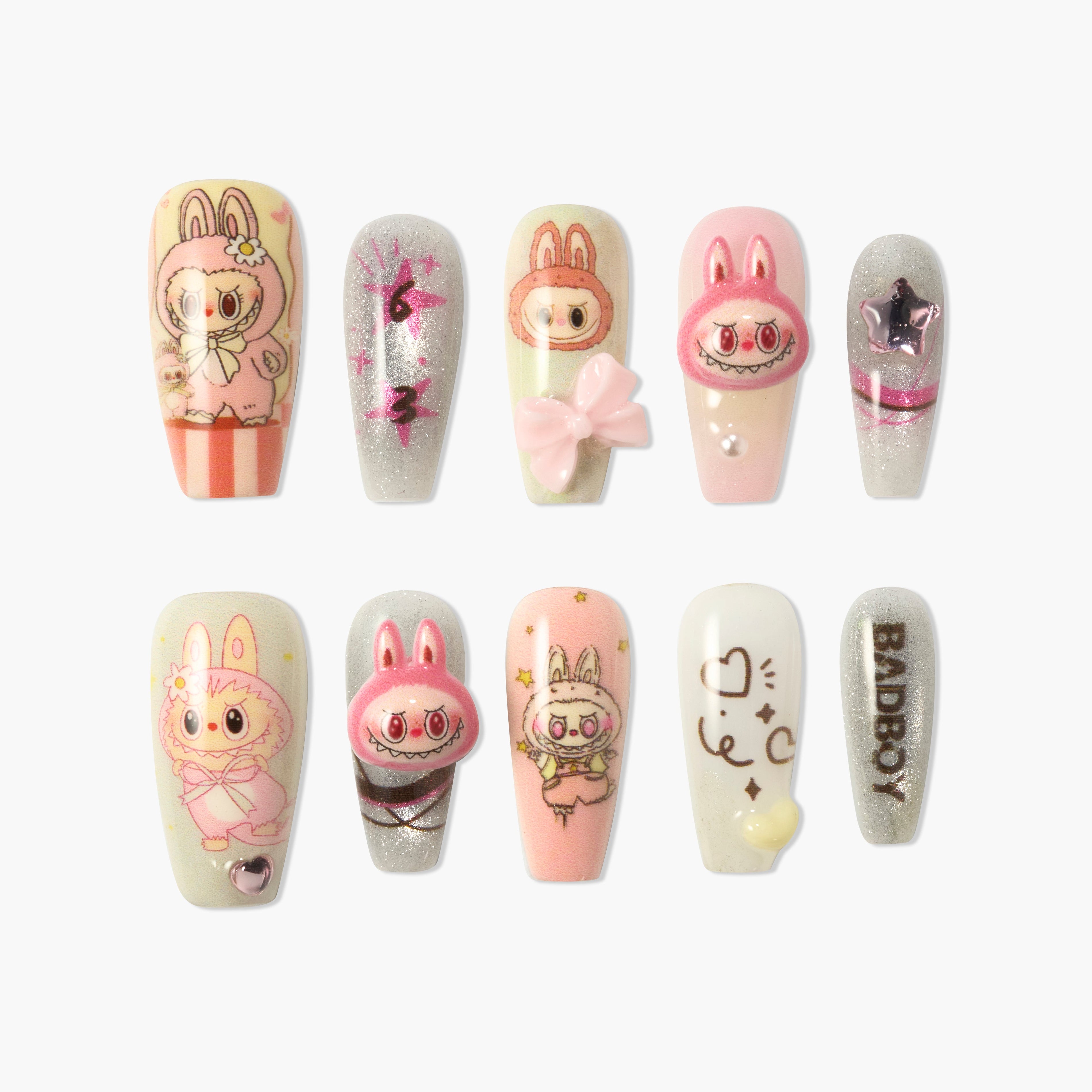 Set of 10 press-on nails with cute bunny character designs, glitter, bows, and heart accents