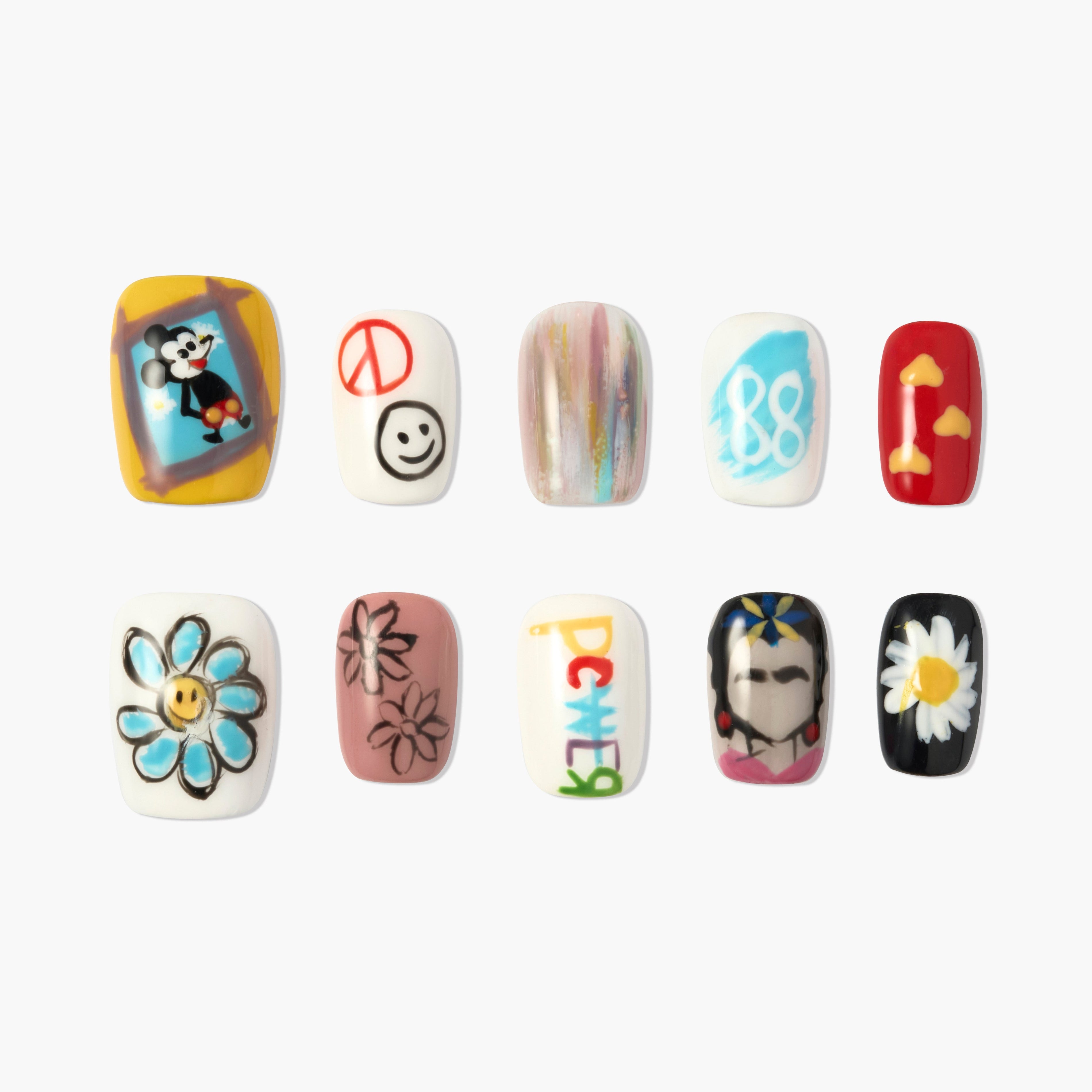 Set of 10 colorful press-on nails featuring cartoon, peace sign, flowers, abstract art, and a face design on white background